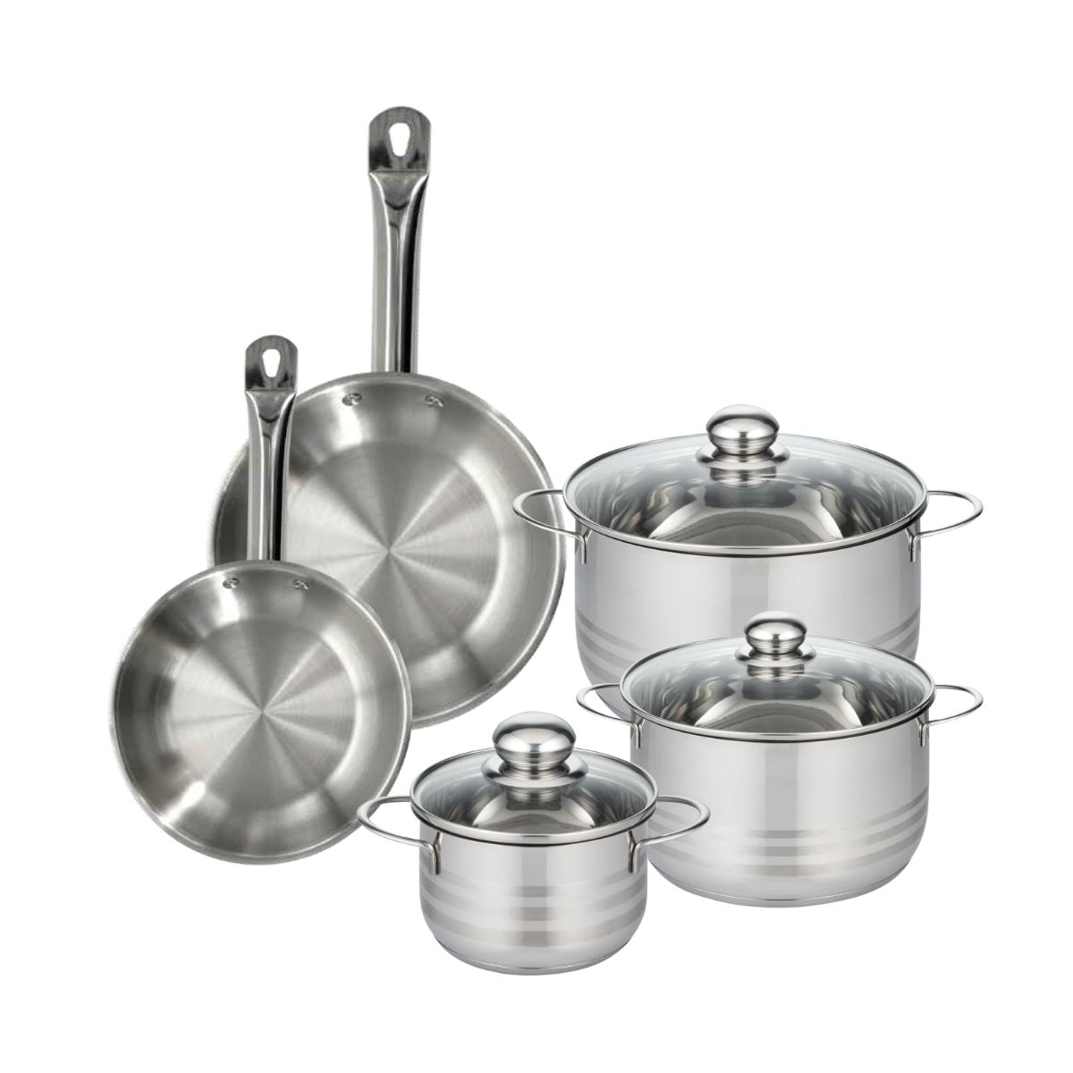 Set 2 poêles 20 24 cm en inox, 3 faitouts inox 16, 20 et 24 cm  Eterna Fackelmann - Mathon - 1