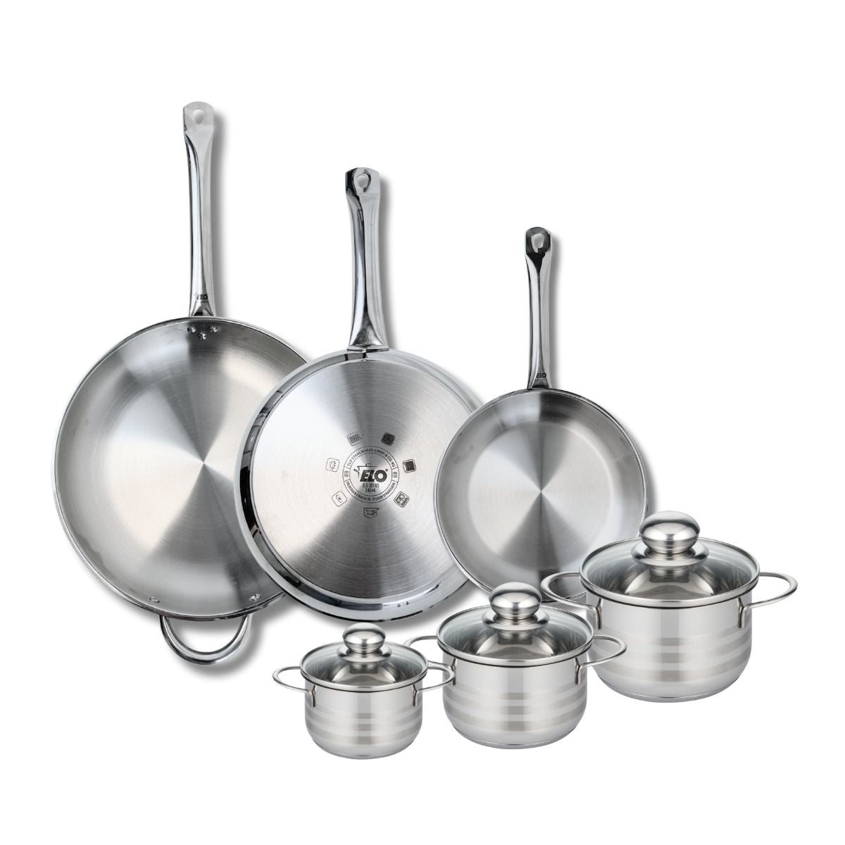 Ensemble de 3 Poêles de cuisson 24, 28 et 32 cm et 3 faitouts 12, 14 et 16 cm  Profi Brillant Elo - Mathon - 1