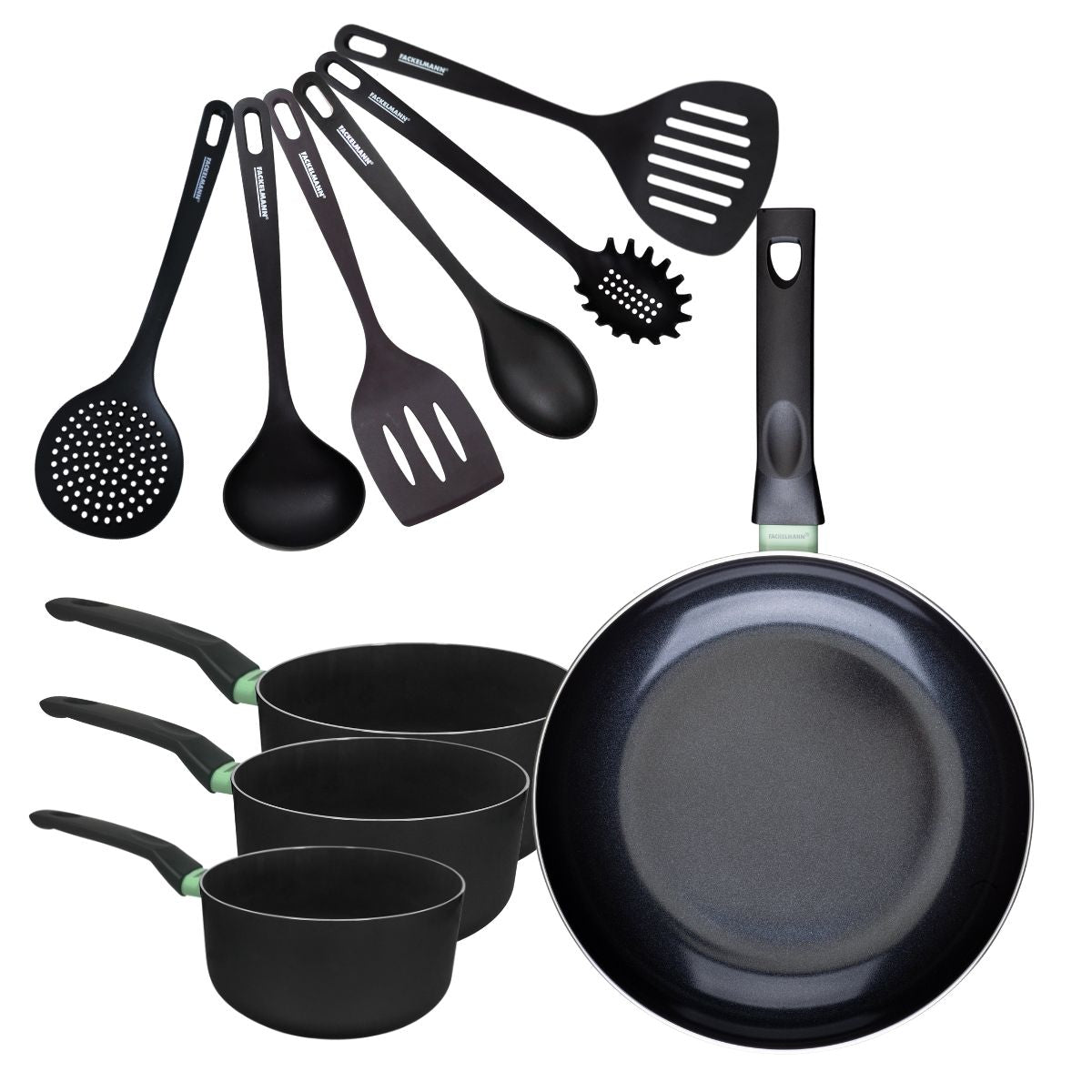 Set de 1 poêle 30 cm, 3 casseroles antiadhésives céramique 16, 18 et 20 cm et 6 ustensiles  Brandao Fackelmann - Mathon - 1
