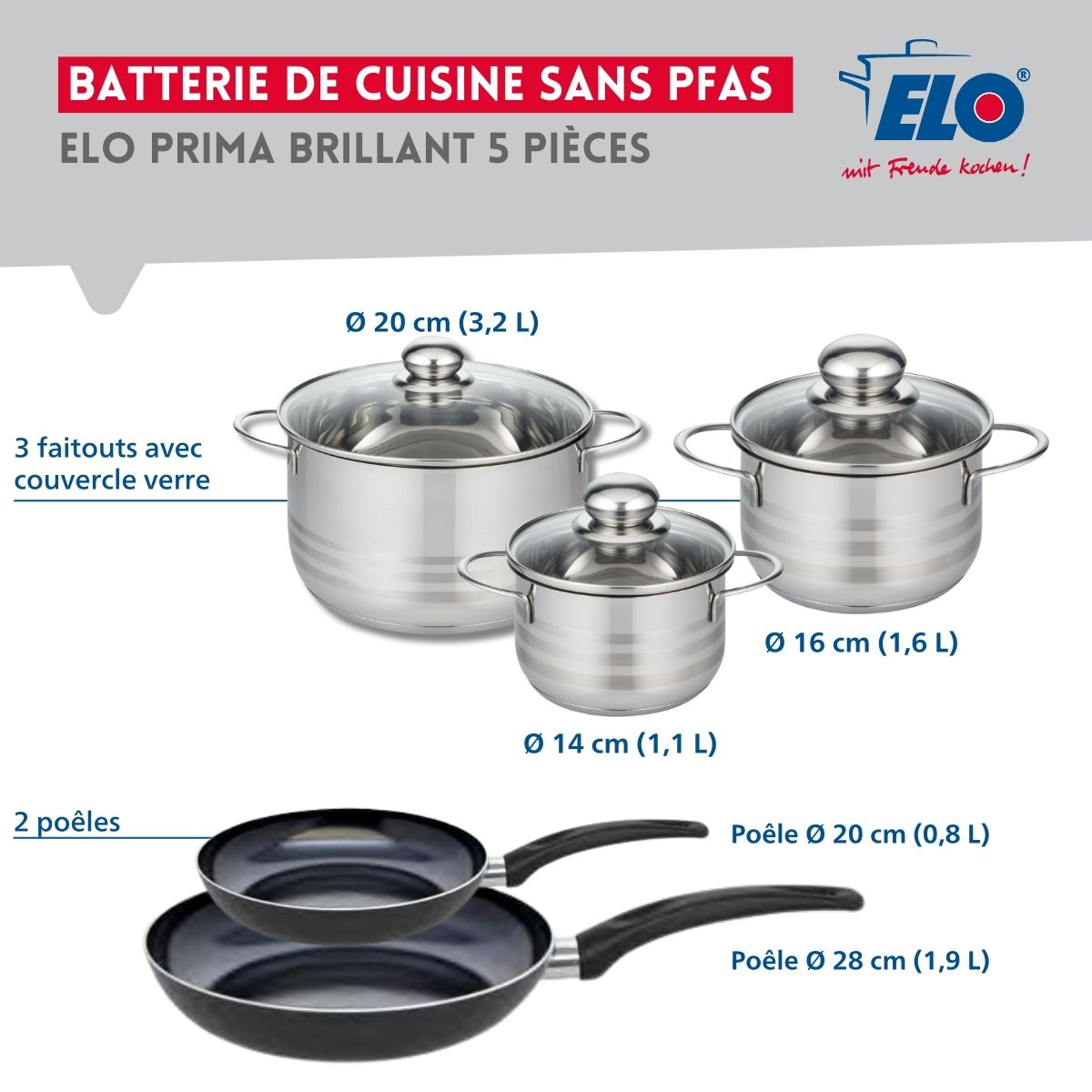 Ensemble de 2 Poêles de cuisson 20 et 28 cm et 3 faitouts 14, 16 et 20 cm  Prima Brillant Elo - Mathon - 2