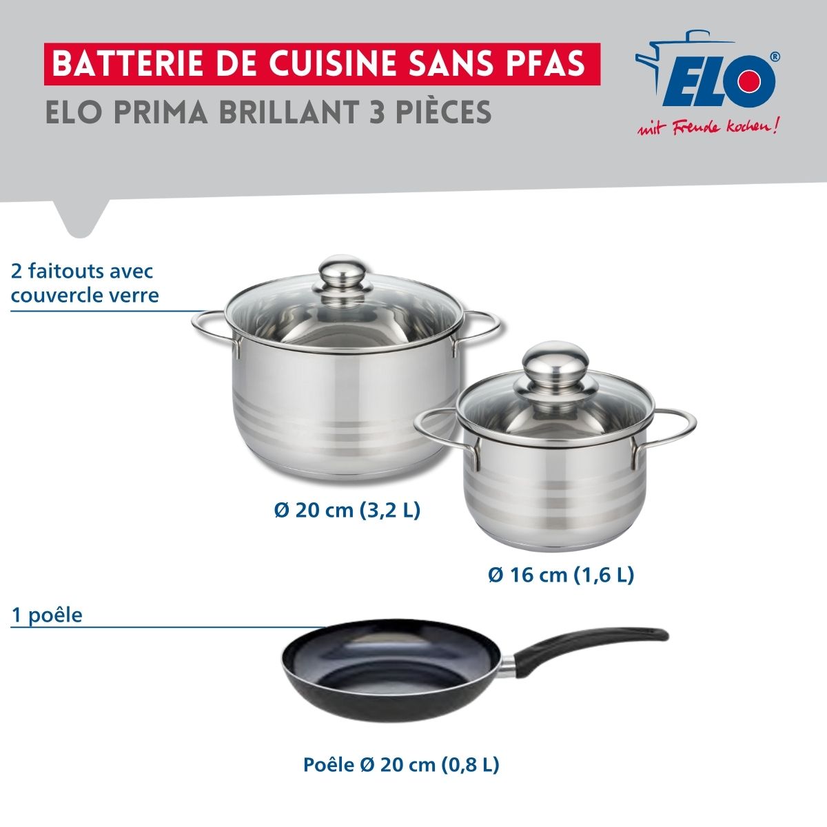 Ensemble de 1 Poêle de cuisson 20 cm et 2 faitouts 16 et 20 cm  Prima Brillant Elo - Mathon - 2