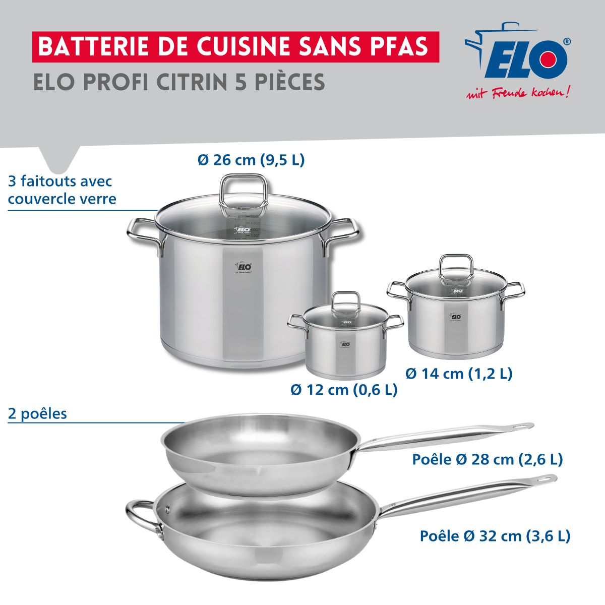 Ensemble de 2 Poêles de cuisson 28 et 32 cm et 3 faitouts 12, 14 et 26 cm  Profi Citrin Elo - Mathon - 2