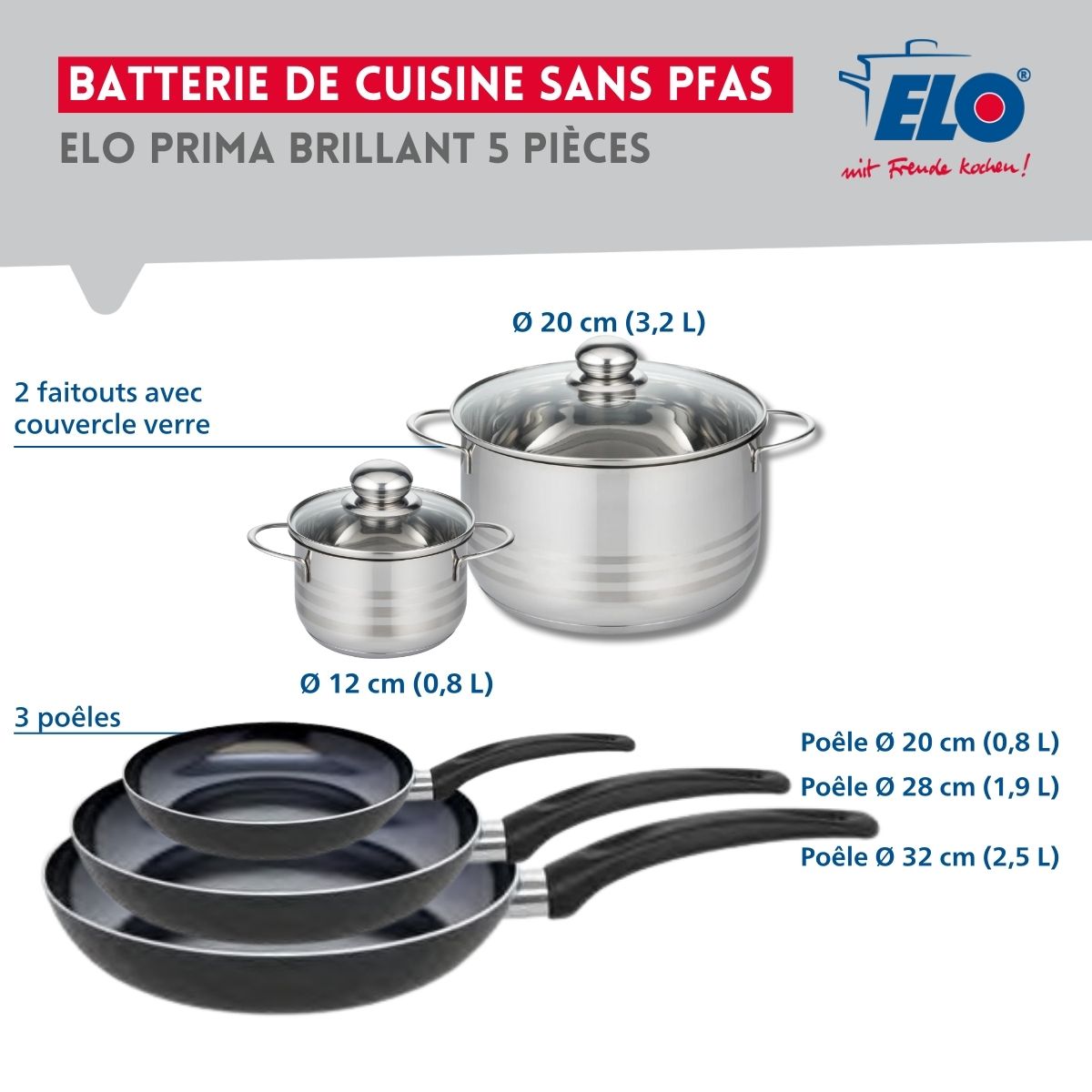 Ensemble de 3 Poêles de cuisson 20, 28 et 32 cm et 2 faitouts 12 et 20 cm  Prima Brillant Elo - Mathon - 2