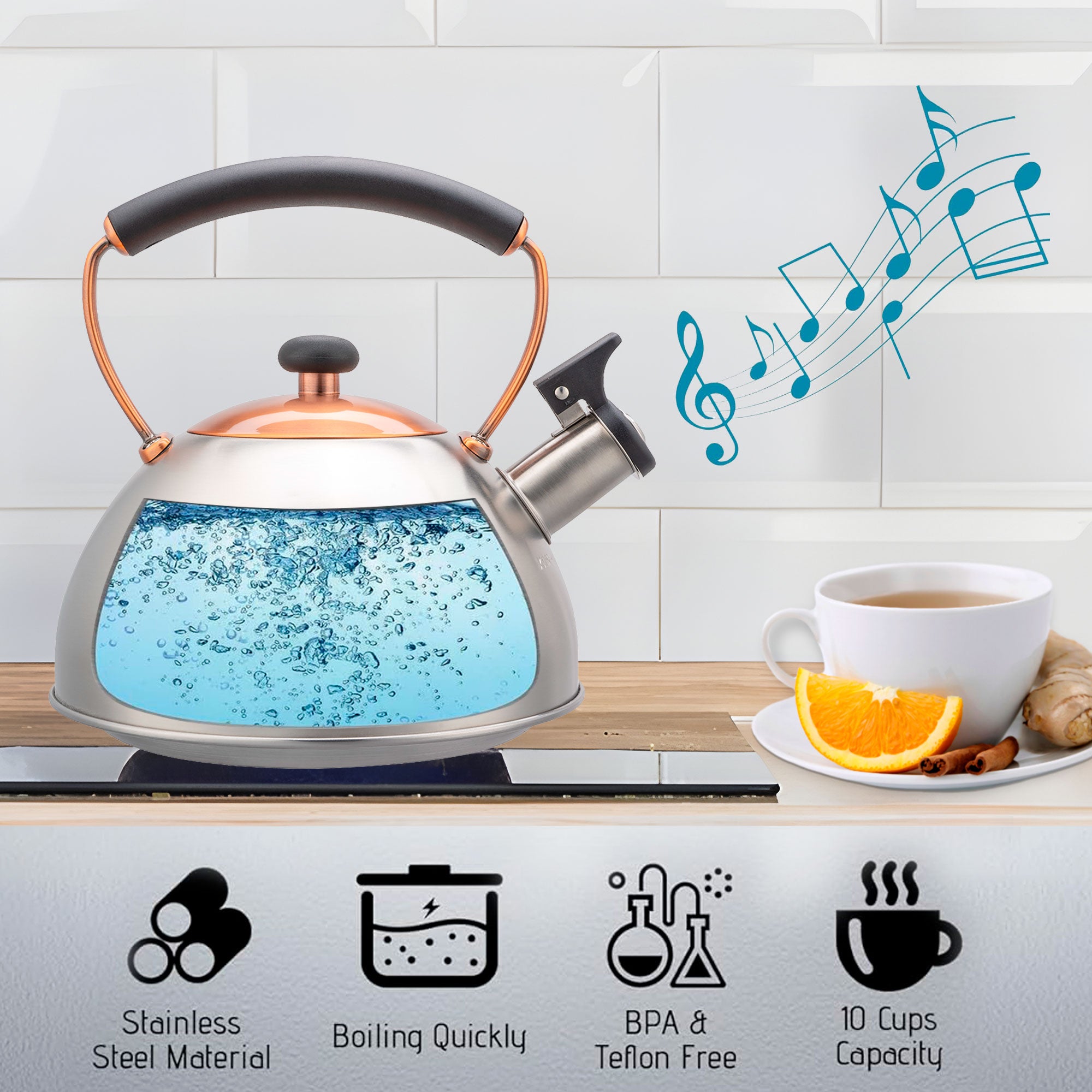 Bouilloire à Induction Théière Sifflet 2,3L  Acier Inox. Retro, Poignée Cool  Inox/ Bronze I-Bronze - Mathon - 3