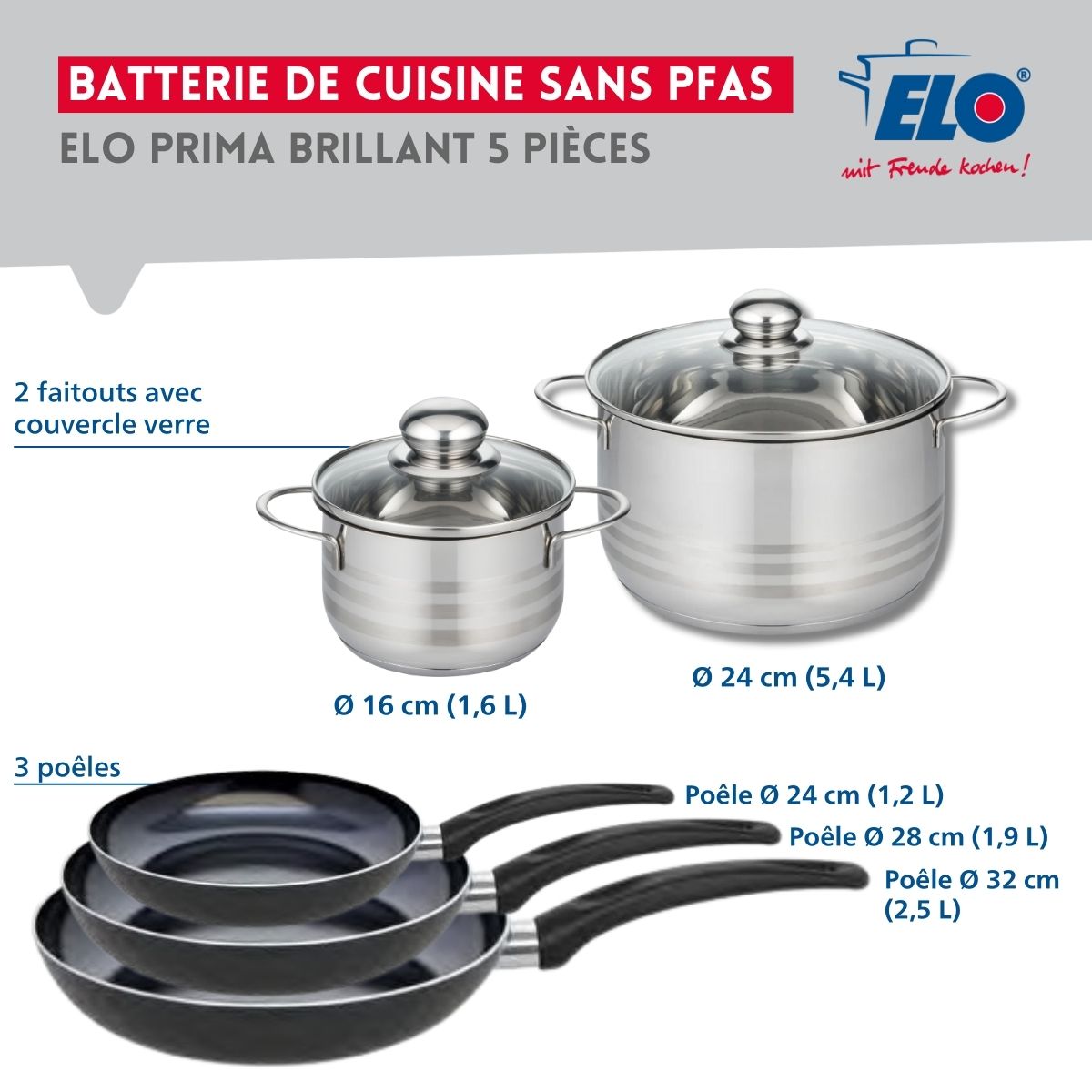 Ensemble de 3 Poêles de cuisson 24, 28 et 32 cm et 2 faitouts 16 et 24 cm  Prima Brillant Elo - Mathon - 2