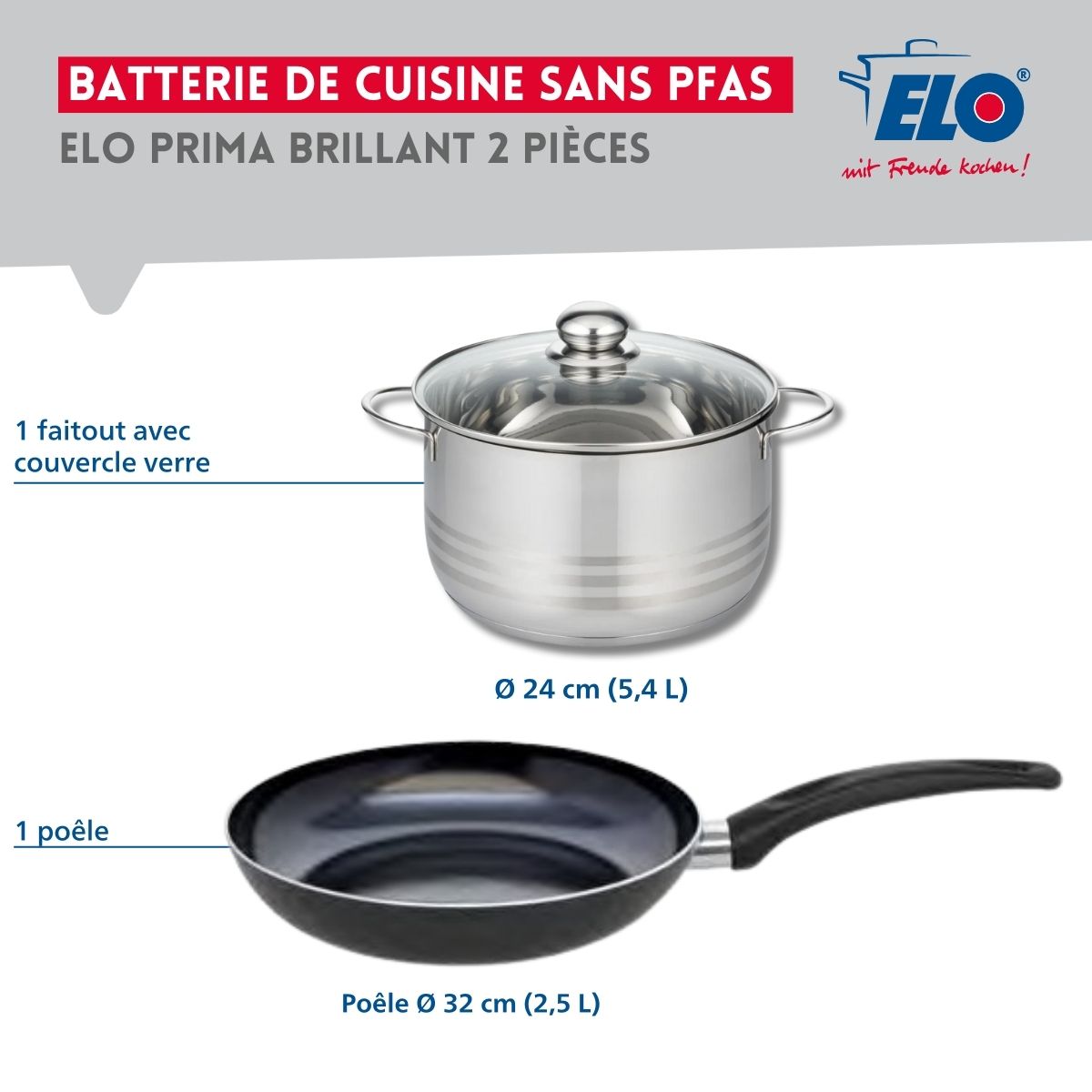 Ensemble de 1 Poêle de cuisson 32 cm et 1 faitout 24 cm  Prima Brillant Elo - Mathon - 2