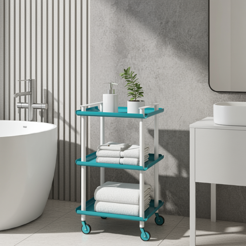 Desserte à roulettes, desserte de service Leky, métallique, 3 niveaux. Blanc-Turquoise Don Hierro - Mathon - 2