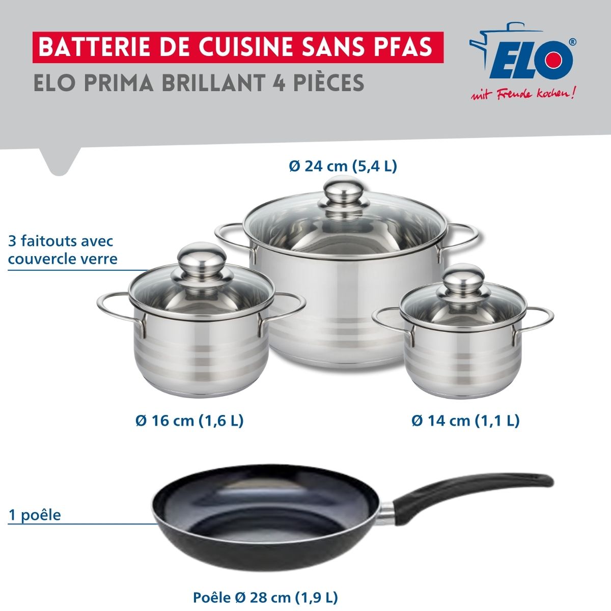 Ensemble de 1 Poêle de cuisson 28 cm et 3 faitouts 14, 16 et 24 cm  Prima Brillant Elo - Mathon - 2