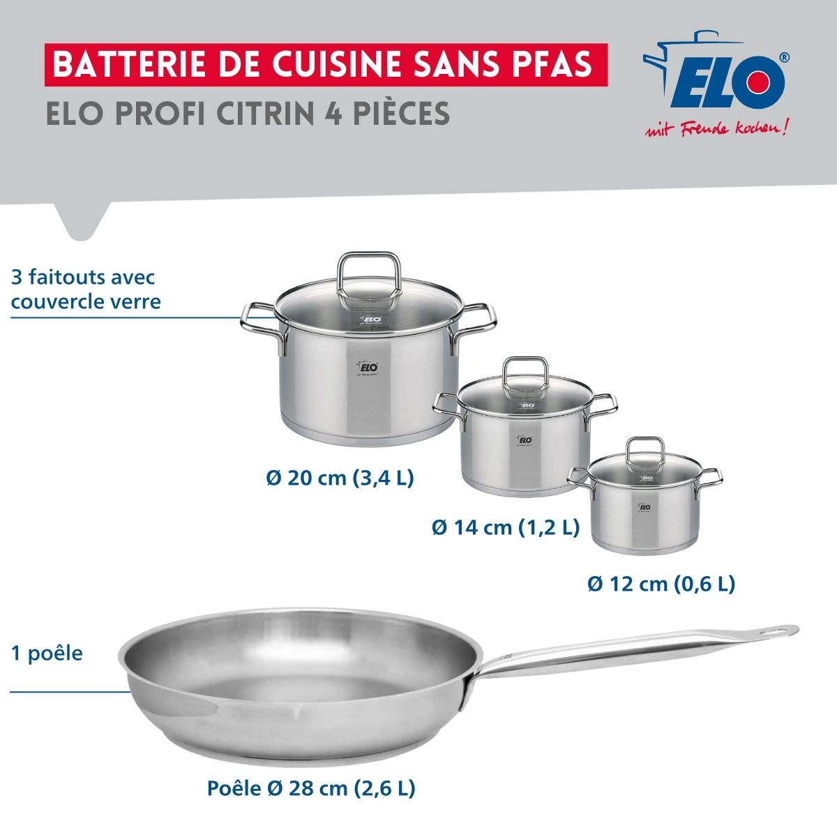 Ensemble de 1 Poêle de cuisson 28 cm et 3 faitouts 12, 14 et 20 cm  Profi Citrin Elo - Mathon - 2
