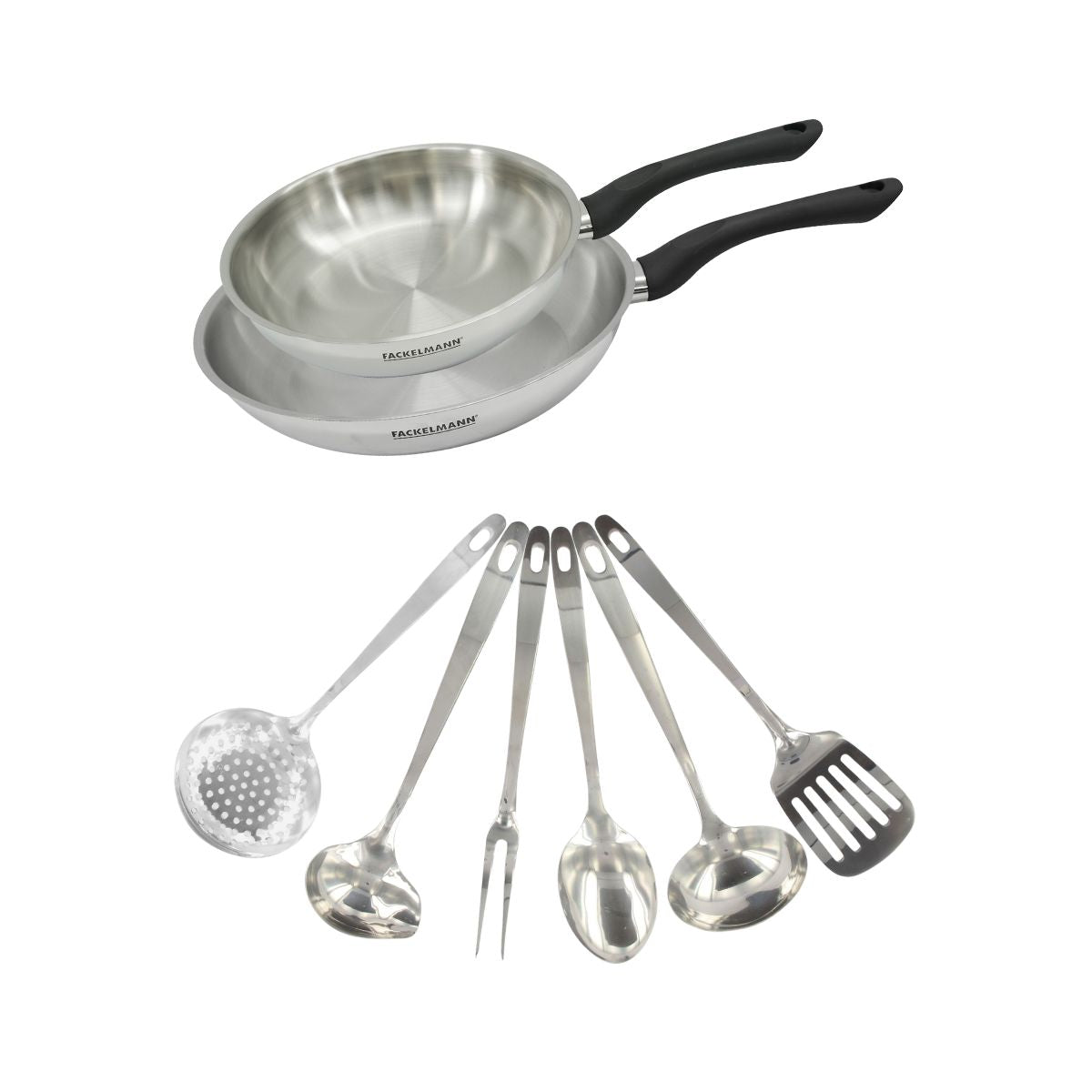 Set 2 poêles 20 et 28 cm en inox et 6 ustensiles inox  Geneva Fackelmann - Mathon - 1