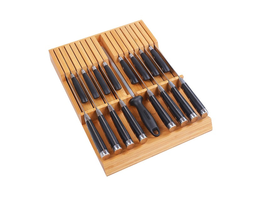 bloc de couteaux de cuisine en bambou avec grande poignée (sans couteau) pour 16 couteaux et 1 aiguiseur acier Vendos85 - Mathon
