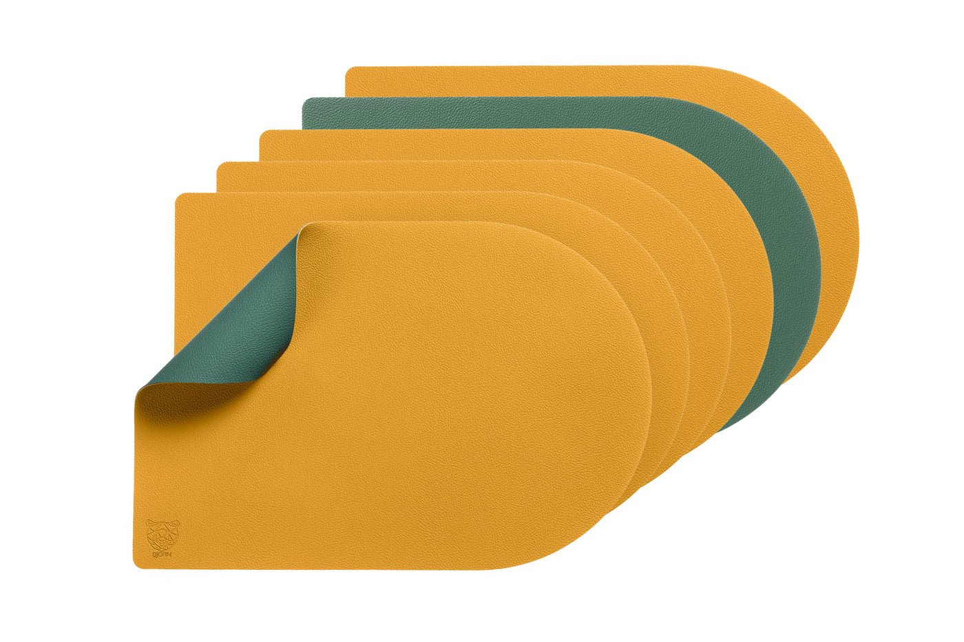 Set de table rectangovale réversible - 6 pièces - Cuir recyclé jaune moutarde et vert sapin Björn - Mathon - 1