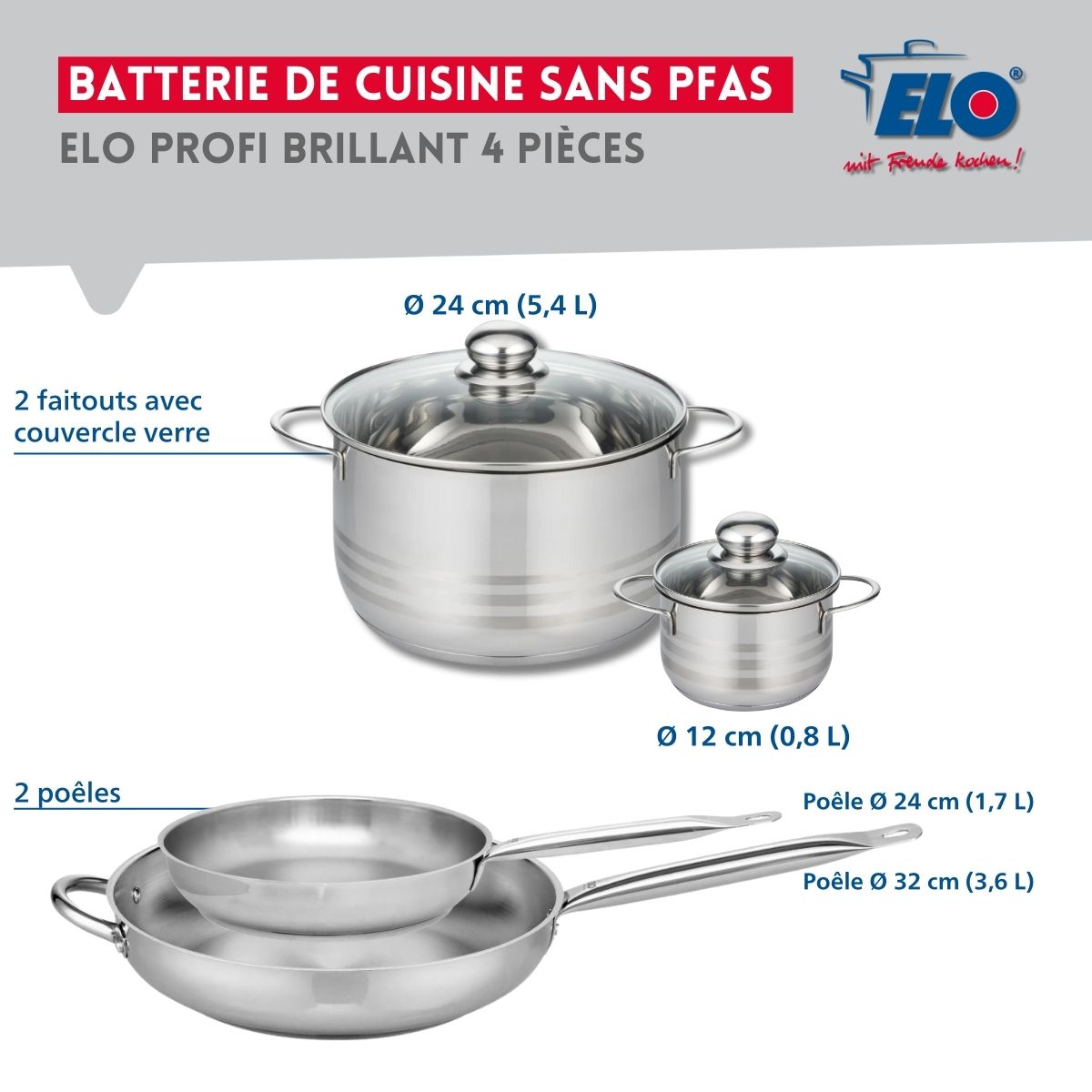 Ensemble de 2 Poêles de cuisson 24 et 32 cm et 2 faitouts 12 et 24 cm  Profi Brillant Elo - Mathon - 2