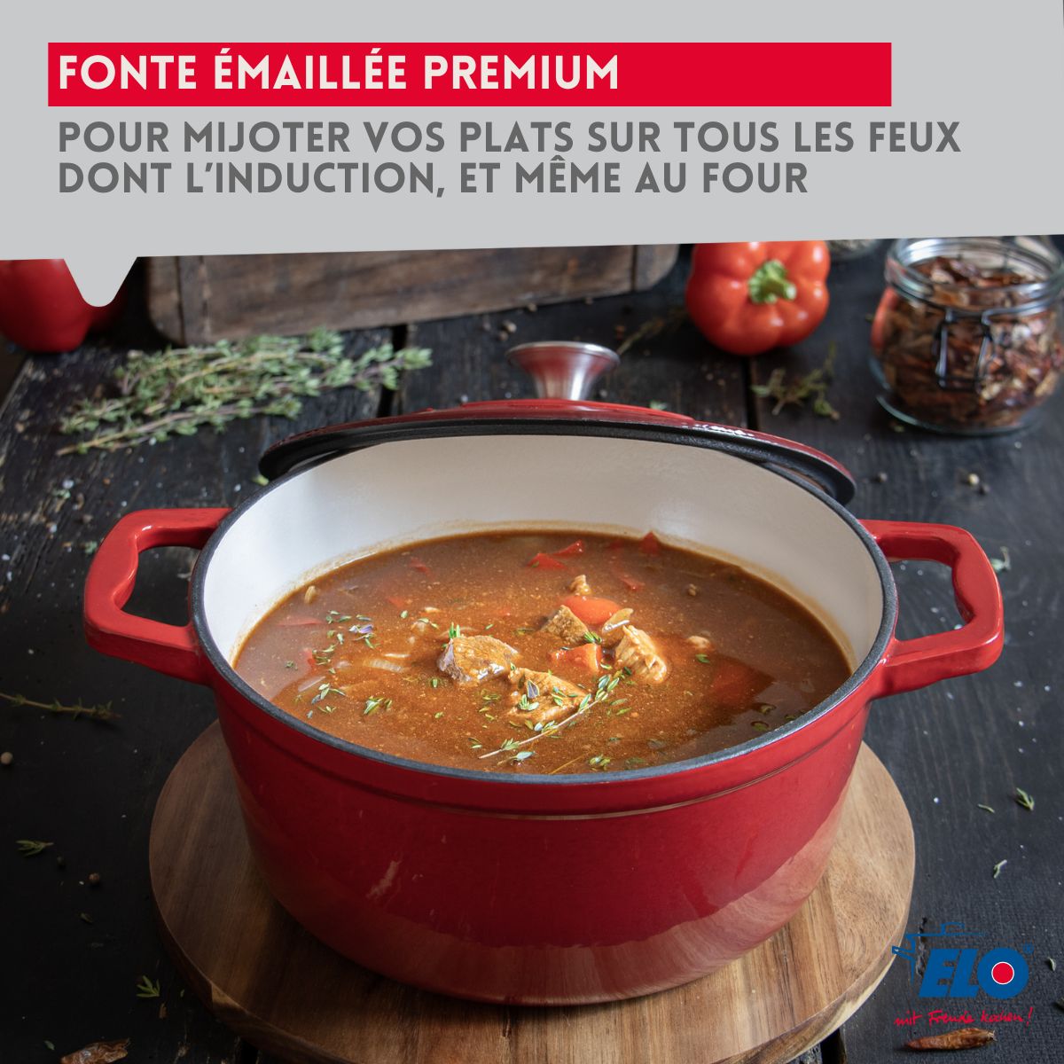 Cocotte en fonte émaillée 26 cm rouge cerise 4.5 L Elo - Mathon - 4