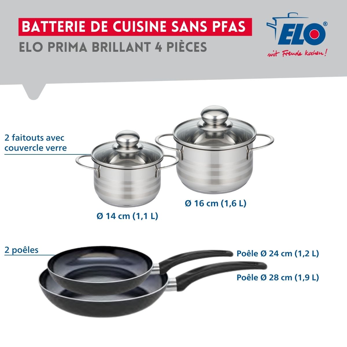 Ensemble de 2 Poêles de cuisson 24 et 28 cm et 2 faitouts 14 et 16 cm  Prima Brillant Elo - Mathon - 2