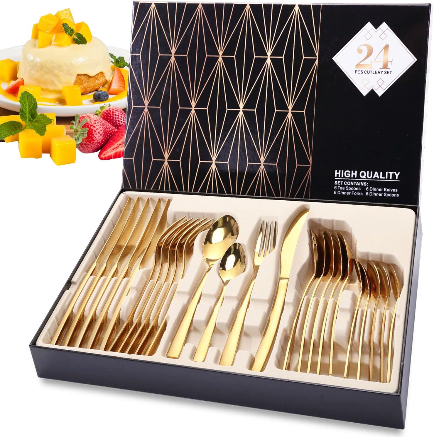 Ensemble de Couverts de Table pour 6 personnes, Ménagère 24 pièces jaune Vendos85 - Mathon