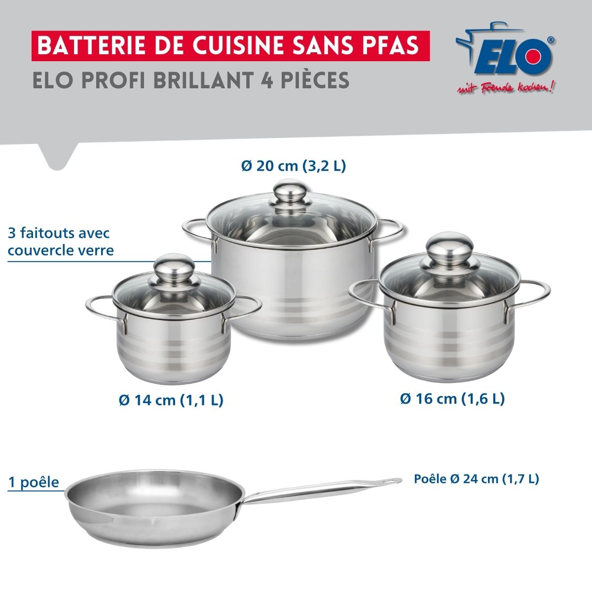 Ensemble de 1 Poêle de cuisson 24 cm et 3 faitouts 14, 16 et 20 cm  Profi Brillant Elo - Mathon - 2
