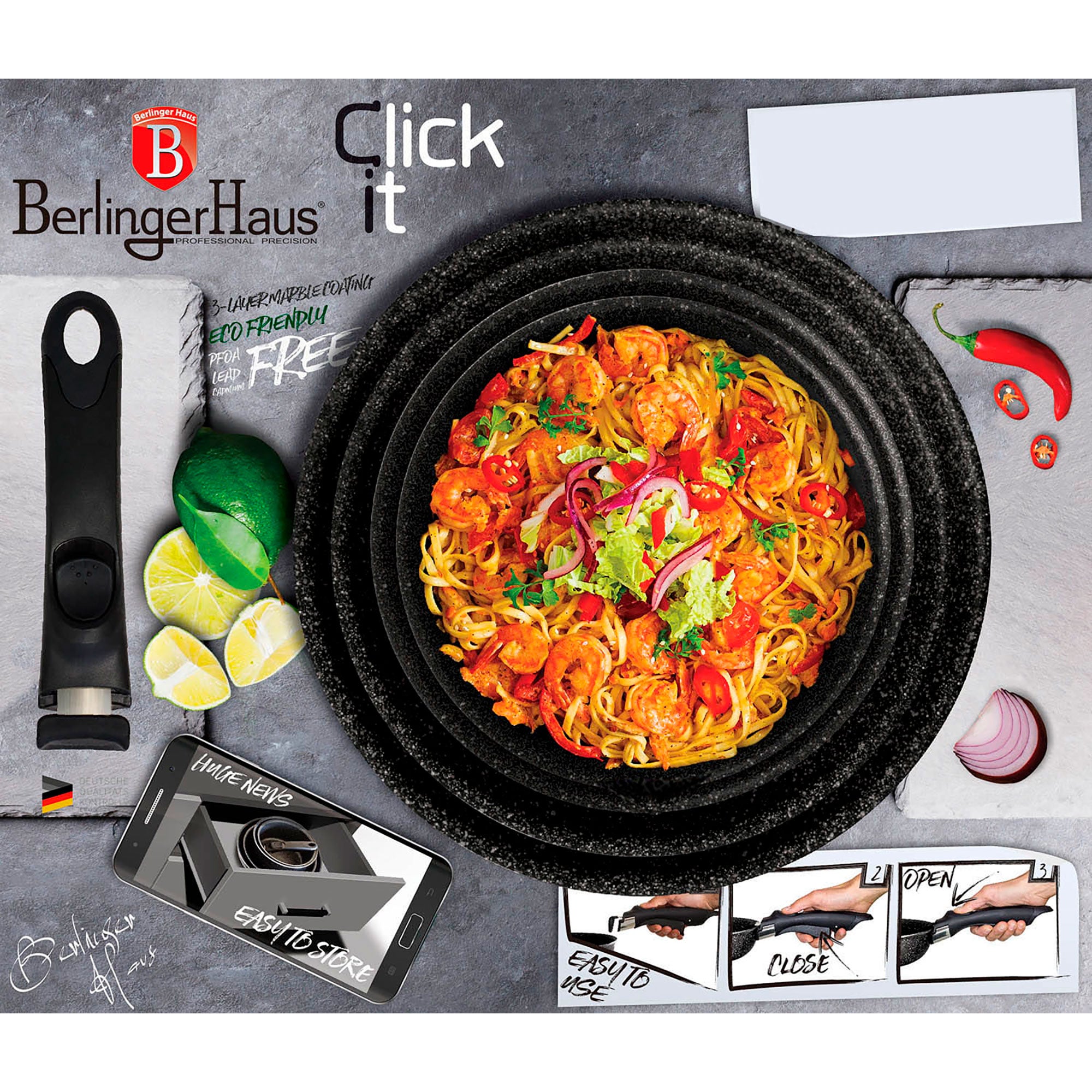 Batterie de Cuisine à Induction 9 Pièces Poignée Amovible Aluminium Antiadhésif  Gris Moonlight AT-7040 - Mathon - 4