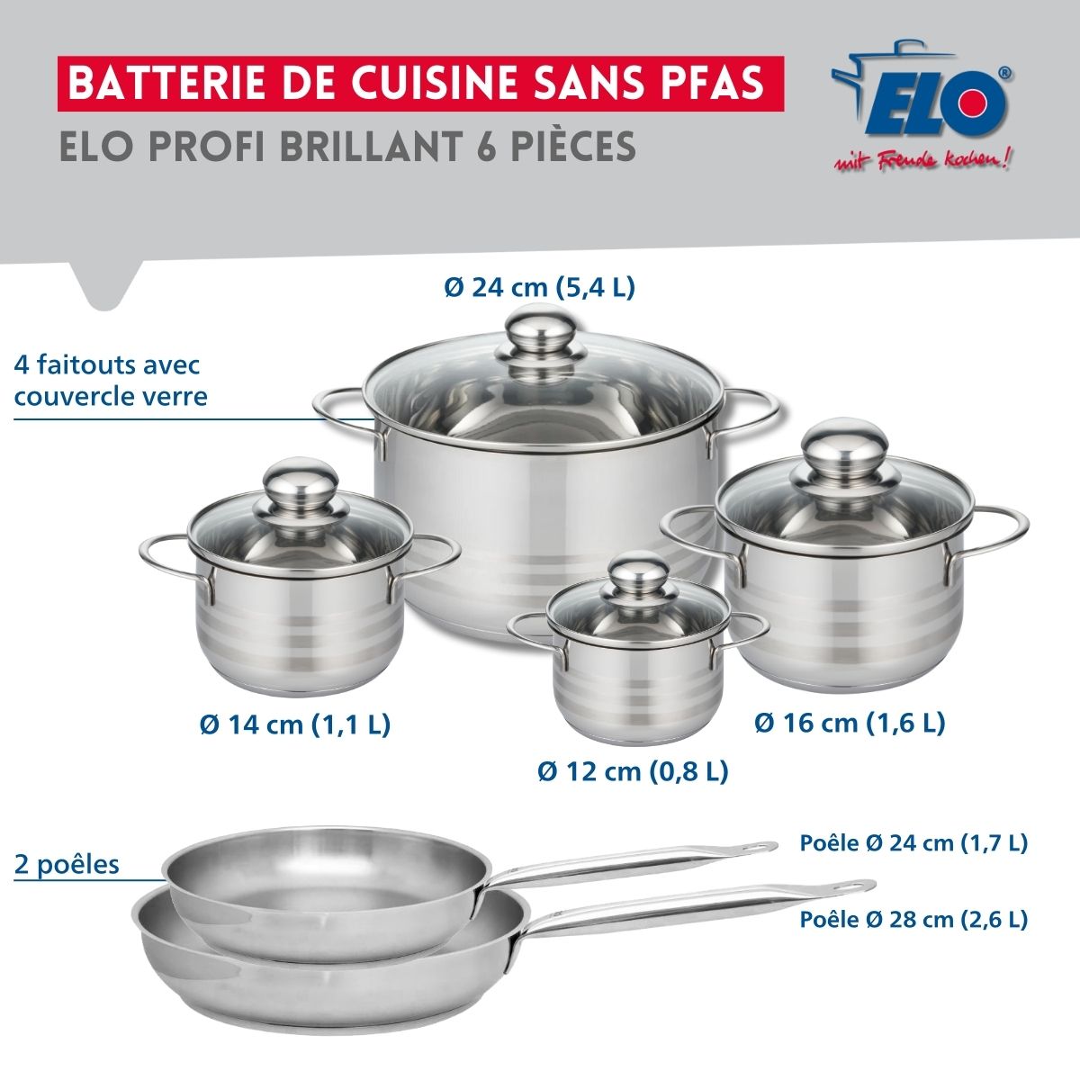 Ensemble de 2 Poêles de cuisson 24 et 28 cm et 4 faitouts 12, 14, 16 et 24 cm  Profi Brillant Elo - Mathon - 2