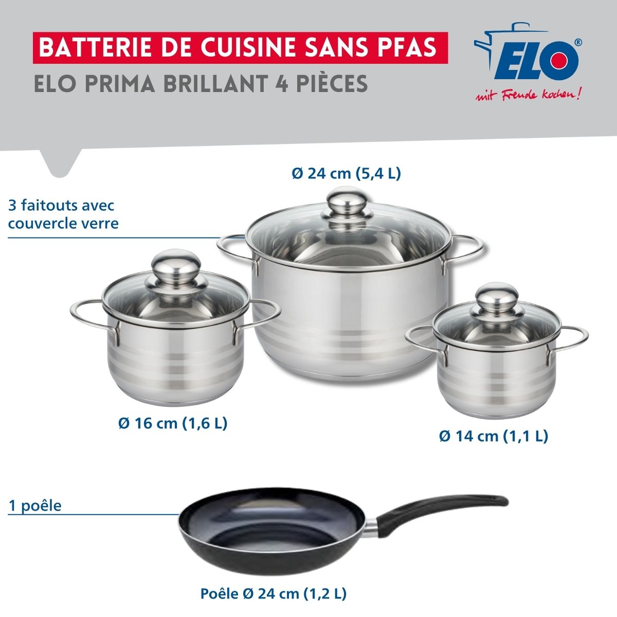 Ensemble de 1 Poêle de cuisson 24 cm et 3 faitouts 14, 16 et 24 cm  Prima Brillant Elo - Mathon - 2