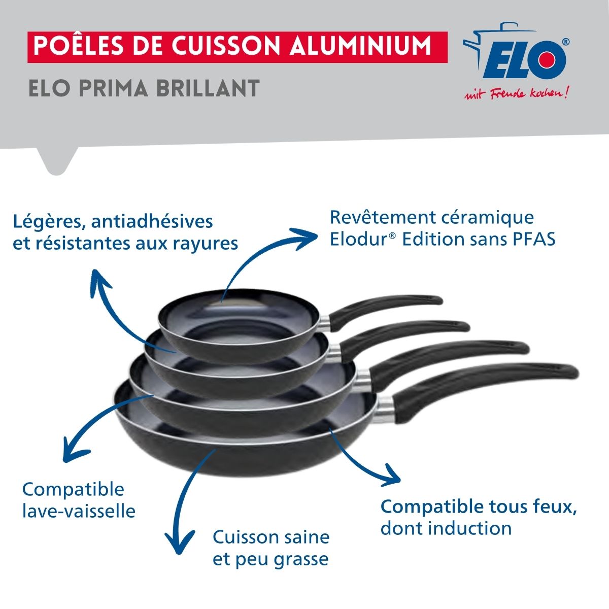 Ensemble de 4 Poêles de cuisson 20, 24, 28 et 32 cm et 1 faitout 12 cm  Prima Brillant Elo - Mathon - 4