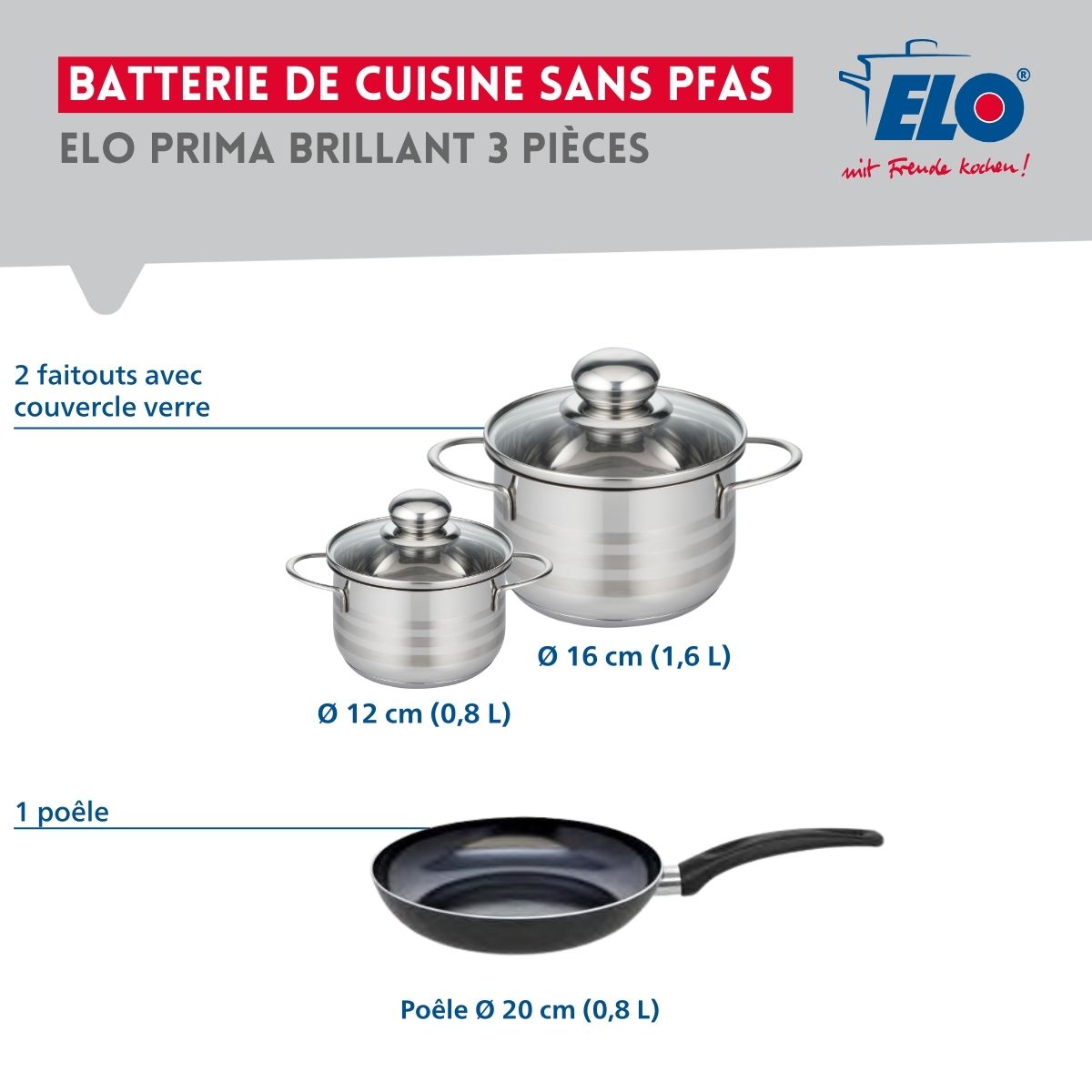 Ensemble de 1 Poêle de cuisson 20 cm et 2 faitouts 12 et 16 cm  Prima Brillant Elo - Mathon - 2