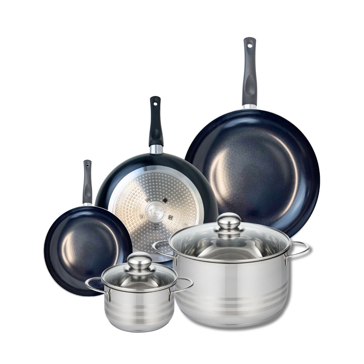 Ensemble de 3 Poêles de cuisson 20, 28 et 32 cm et 2 faitouts 14 et 24 cm  Prima Brillant Elo - Mathon - 1