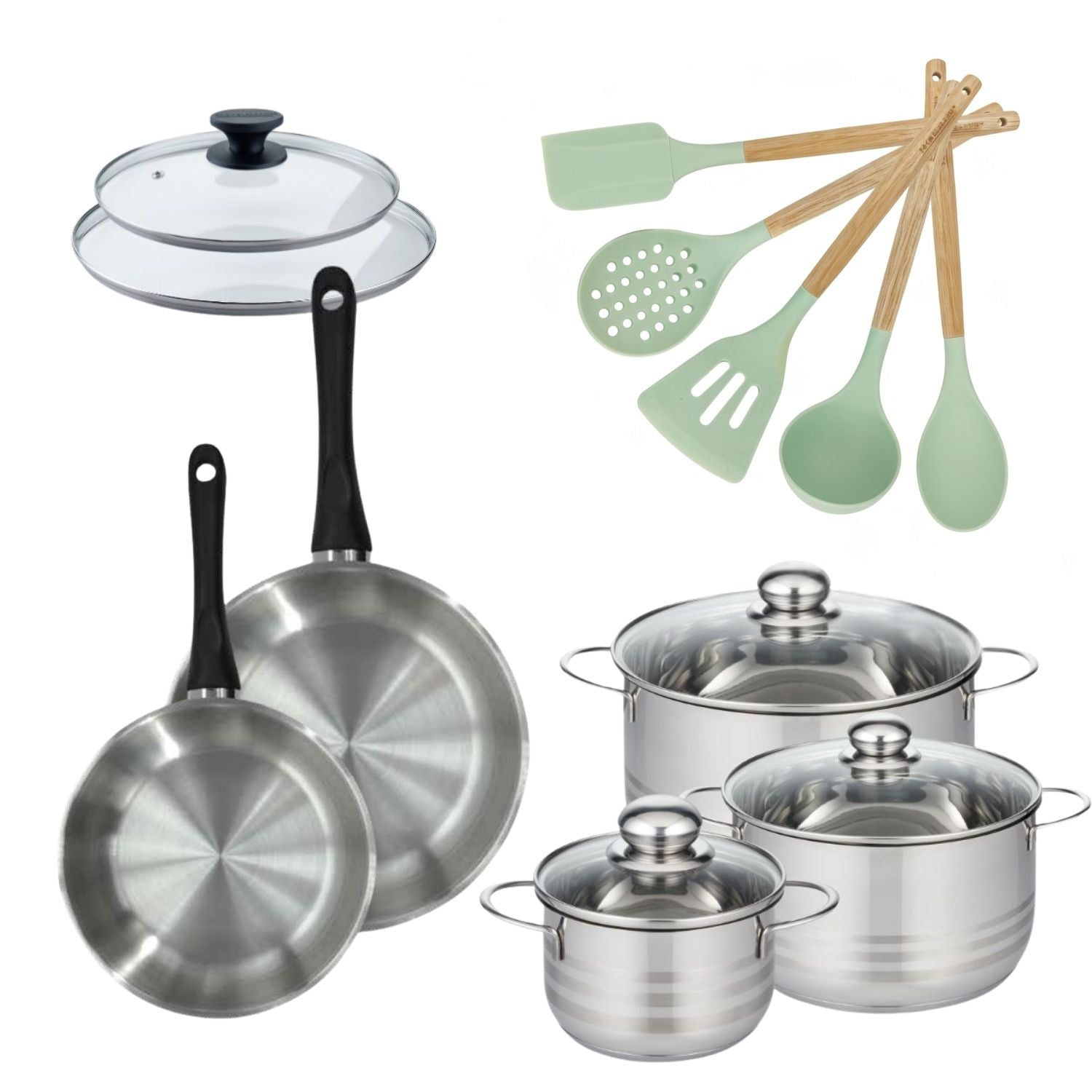 Lot de Poêles 20/24 cm avec couvercles et 3 Faitouts 16/20/24 cm  Généva avec 5 ustensiles Océan Fackelmann - Mathon - 1