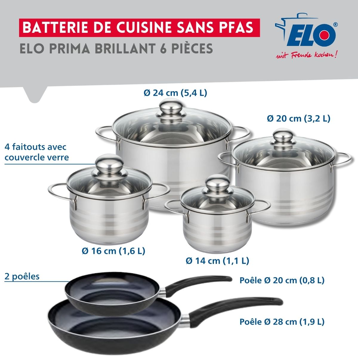 Ensemble de 2 Poêles de cuisson 20 et 28 cm et 4 faitouts 14, 16, 20 et 24 cm  Prima Brillant Elo - Mathon - 2