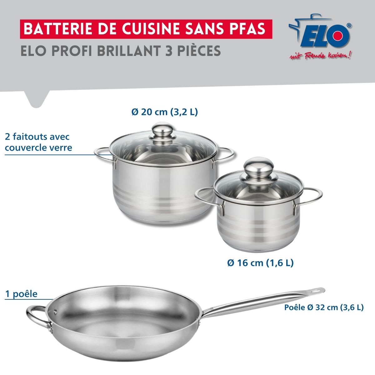 Ensemble de 1 Poêle de cuisson 32 cm et 2 faitouts 16 et 20 cm  Profi Brillant Elo - Mathon - 2