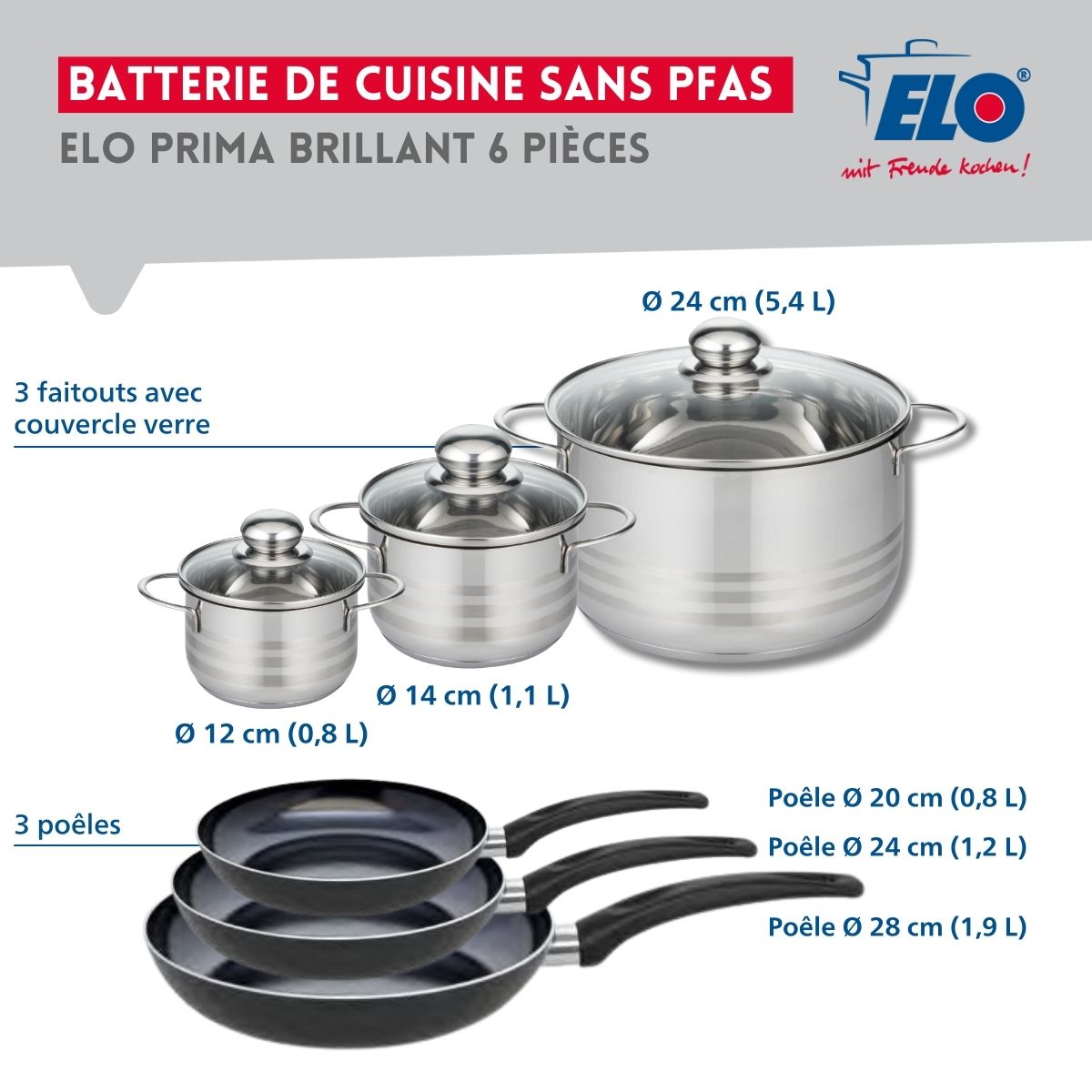 Ensemble de 3 Poêles de cuisson 20, 24 et 28 cm et 3 faitouts 12, 14 et 24 cm  Prima Brillant Elo - Mathon - 2