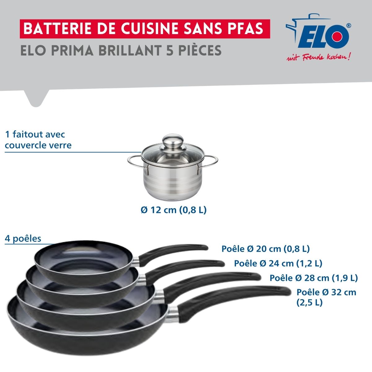 Ensemble de 4 Poêles de cuisson 20, 24, 28 et 32 cm et 1 faitout 12 cm  Prima Brillant Elo - Mathon - 2