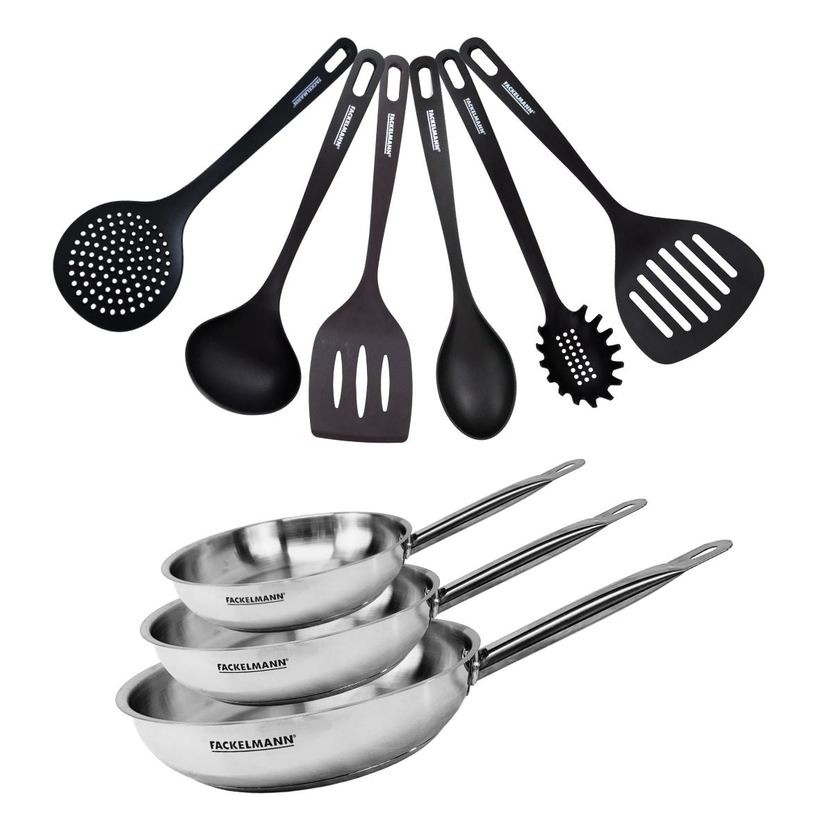 Set de 3 poêles 20 24 et 28 cm en inox et 6 ustensiles  Eterna Fackelmann - Mathon - 1