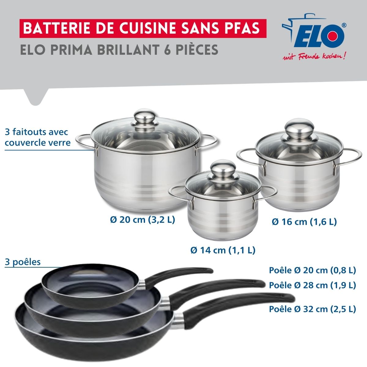 Ensemble de 3 Poêles de cuisson 20, 28 et 32 cm et 3 faitouts 14, 16 et 20 cm  Prima Brillant Elo - Mathon - 2