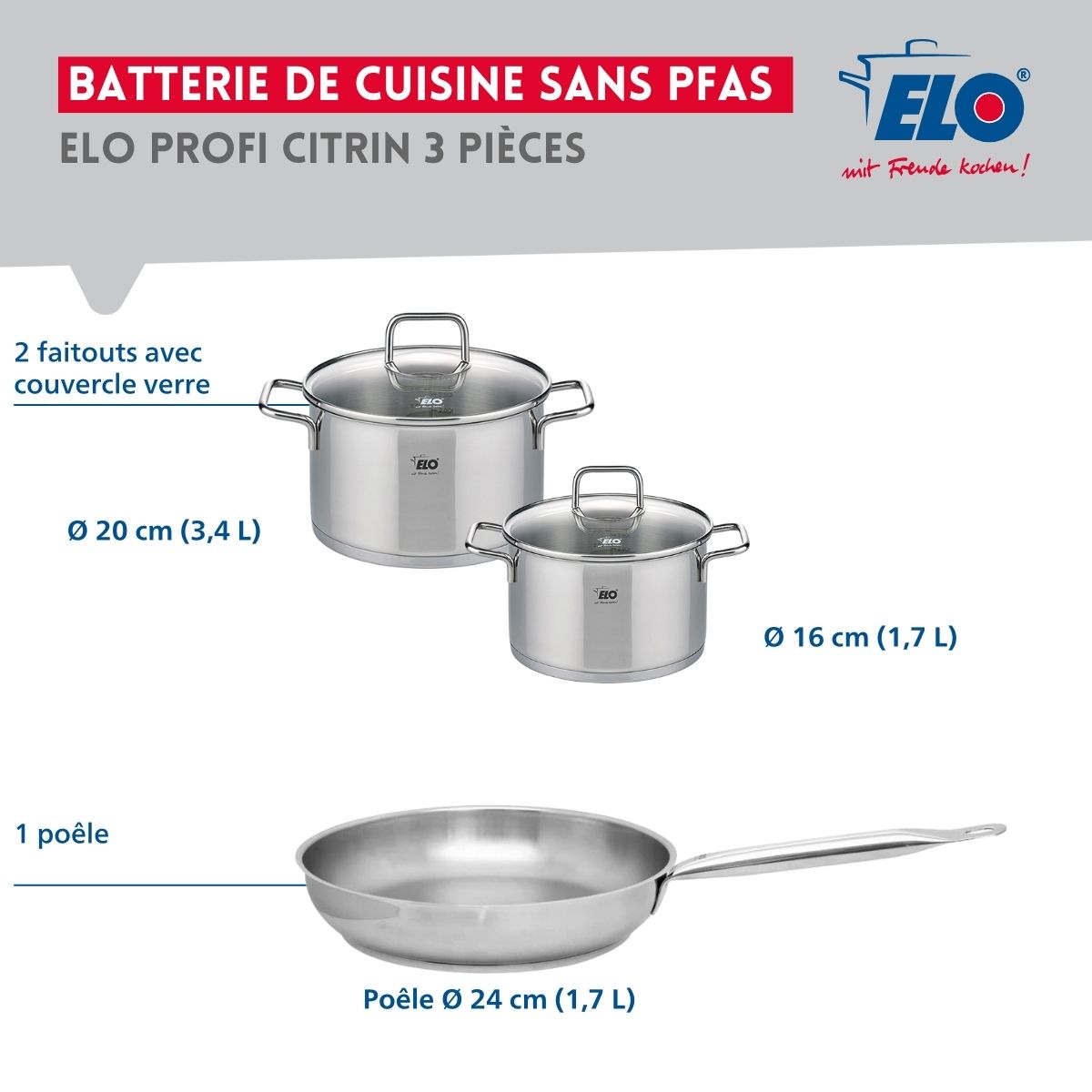 Ensemble de 1 Poêle de cuisson 24 cm et 2 faitouts 16 et 20 cm  Profi Citrin Elo - Mathon - 2