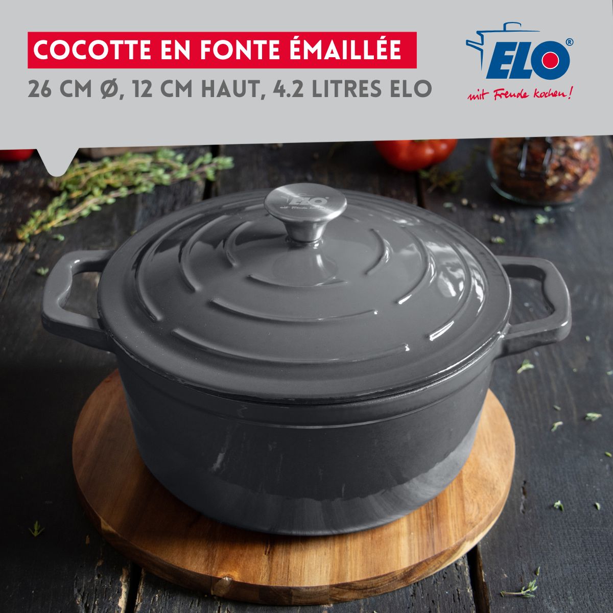 Cocotte 26 cm en fonte émaillée gris classique 4.5 L Elo - Mathon - 2