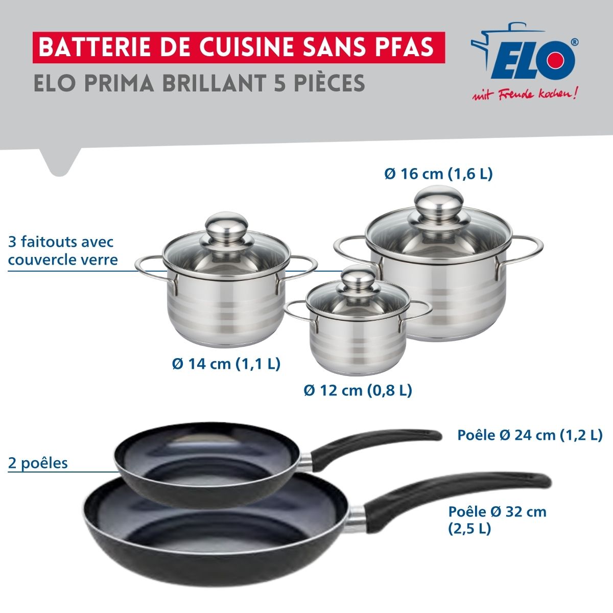 Ensemble de 2 Poêles de cuisson 24 et 32 cm et 3 faitouts 12, 14 et 16 cm  Prima Brillant Elo - Mathon - 2