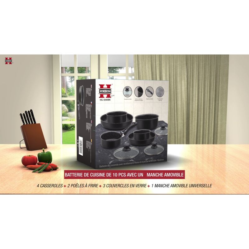 Batterie de cuisine revêtement pierre avec manche amovible 10 pieces noir Herzberg HG5000-BK Herzberg - Mathon - 5