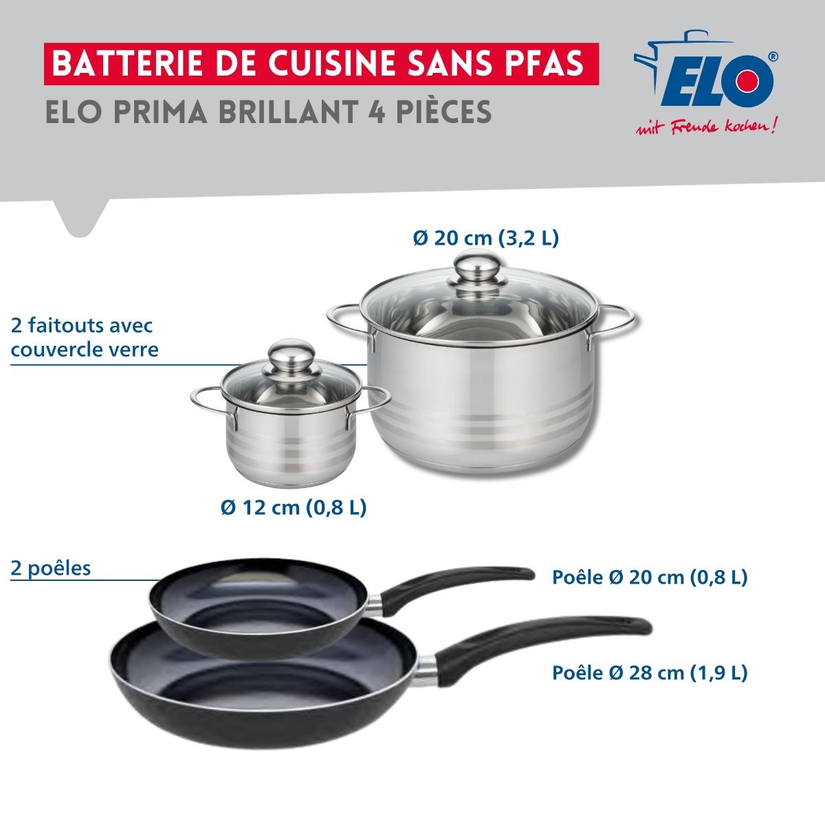 Ensemble de 2 Poêles de cuisson 20 et 28 cm et 2 faitouts 12 et 20 cm  Prima Brillant Elo - Mathon - 2