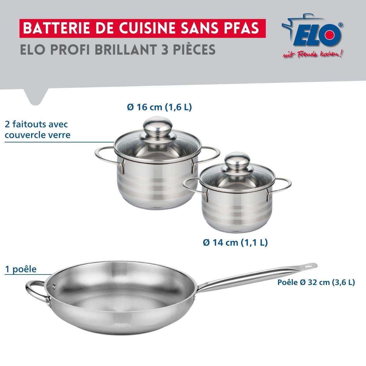 Ensemble de 1 Poêle de cuisson 32 cm et 2 faitouts 14 et 16 cm  Profi Brillant Elo - Mathon - 2