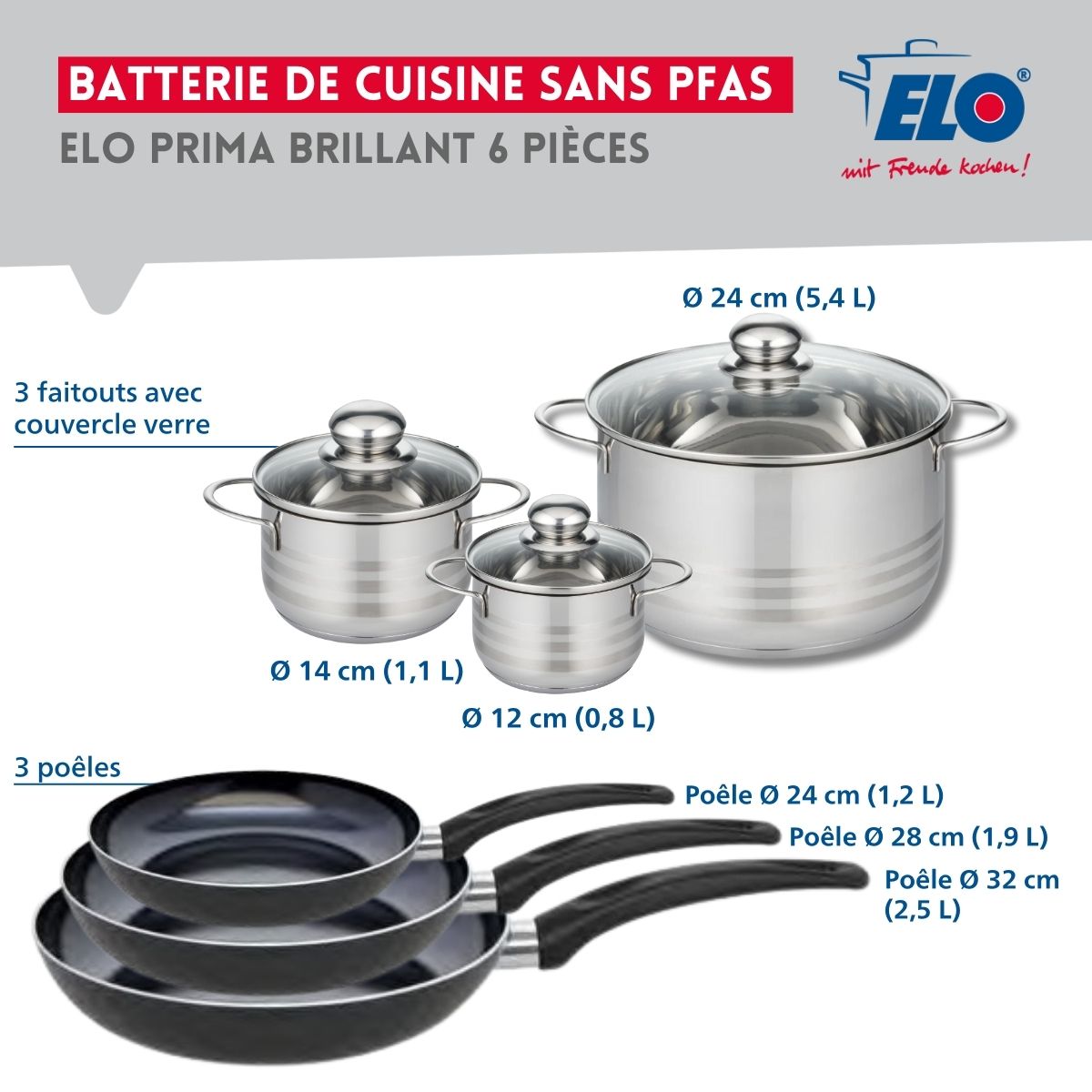 Ensemble de 3 Poêles de cuisson 24, 28 et 32 cm et 3 faitouts 12, 14 et 24 cm  Prima Brillant Elo - Mathon - 2