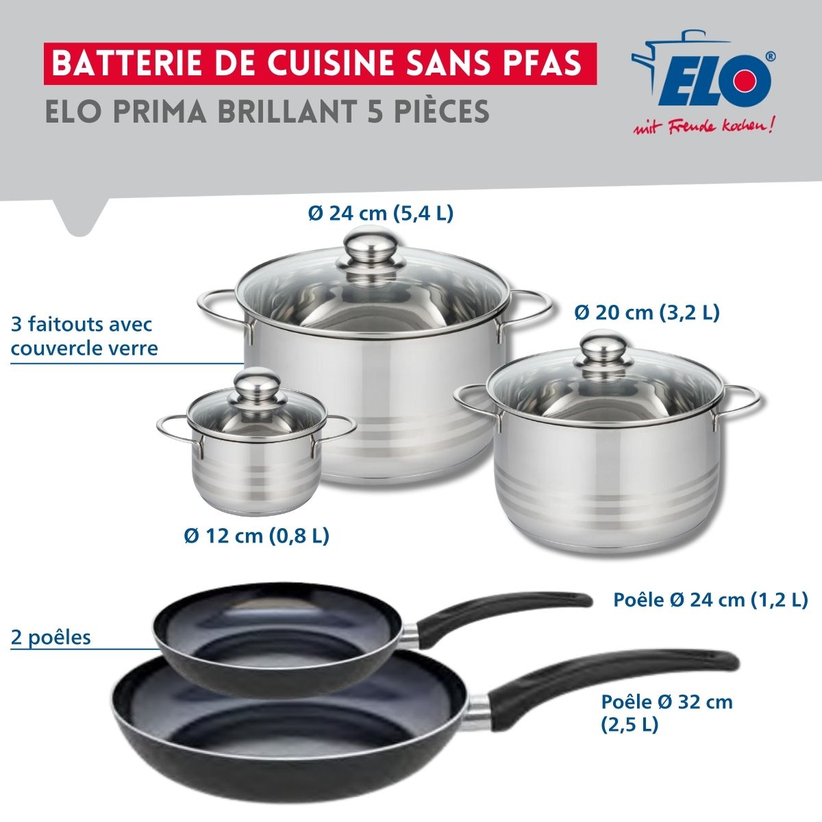 Ensemble de 2 Poêles de cuisson 24 et 32 cm et 3 faitouts 12, 20 et 24 cm  Prima Brillant Elo - Mathon - 2