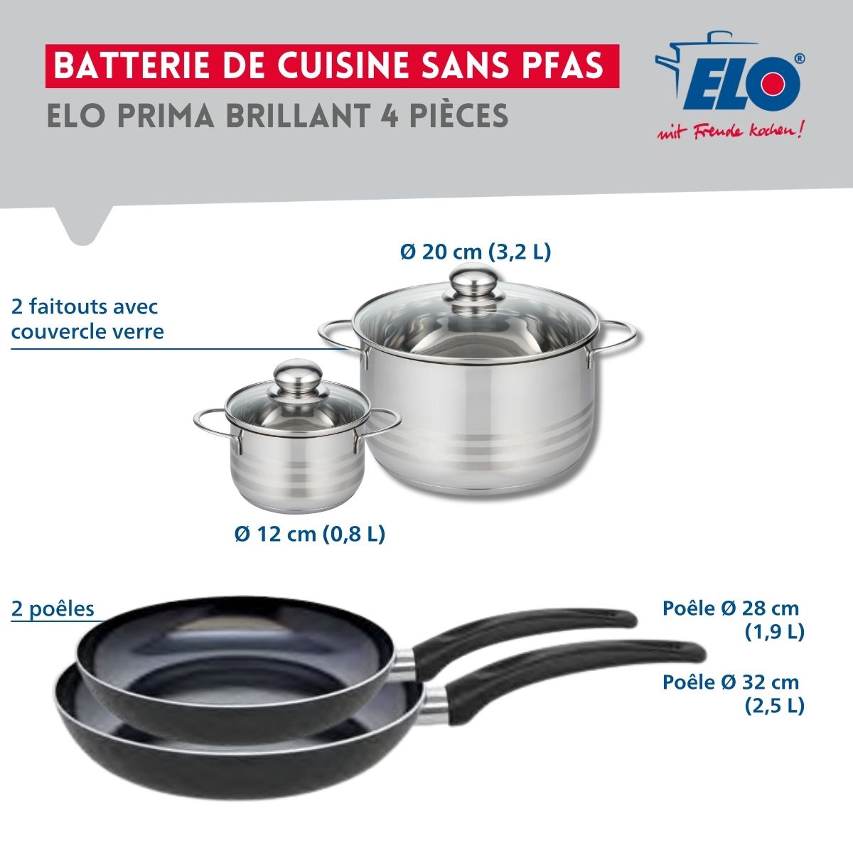 Ensemble de 2 Poêles de cuisson 28 et 32 cm et 2 faitouts 12 et 20 cm  Prima Brillant Elo - Mathon - 2
