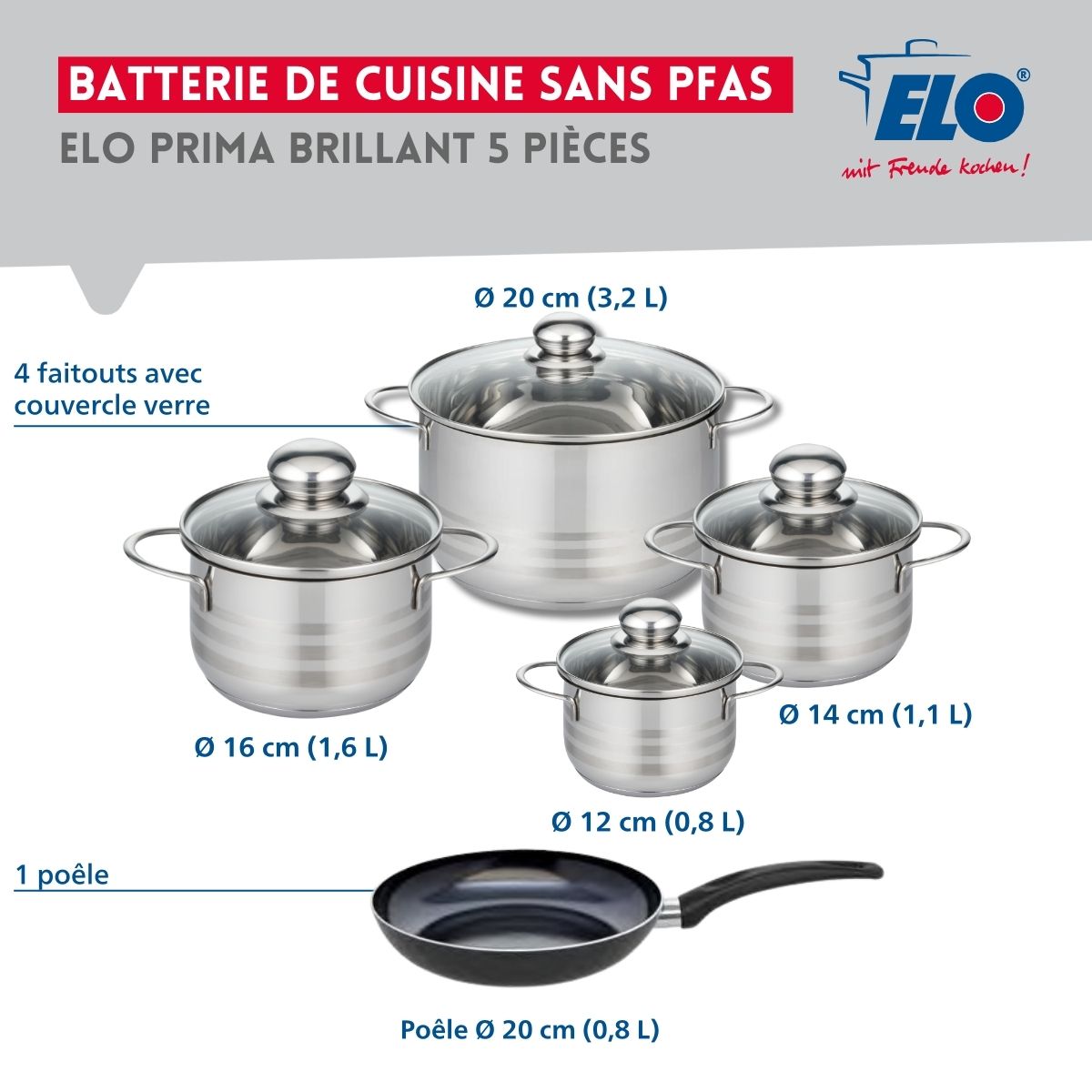Ensemble de 1 Poêle de cuisson 20 cm et 4 faitouts 12, 14, 16 et 20 cm  Prima Brillant Elo - Mathon - 2