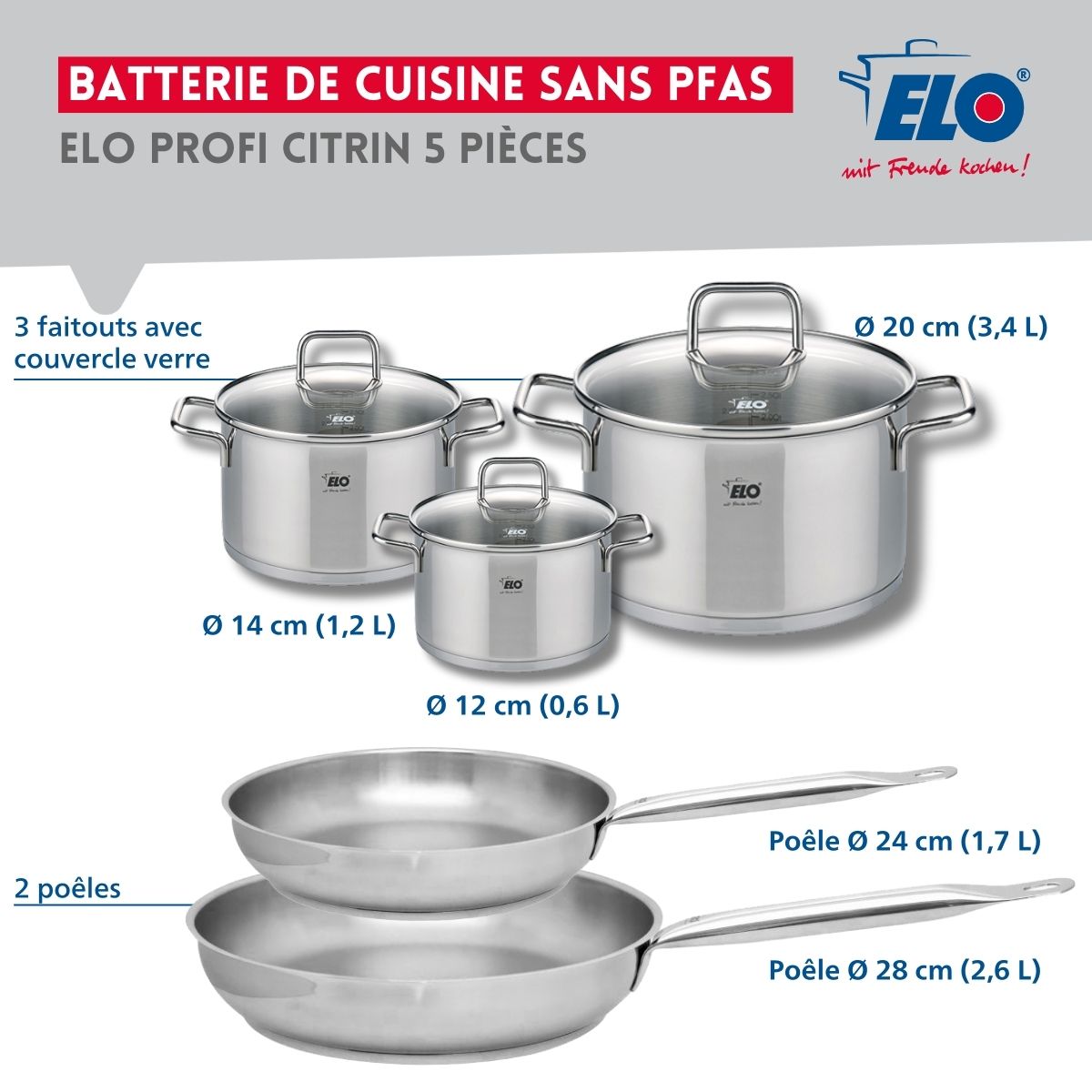 Set de 2 Poêles de cuisson 24 et 28 cm et 3 faitouts 12, 14 et 20 cm  Profi Citrin Elo - Mathon - 2