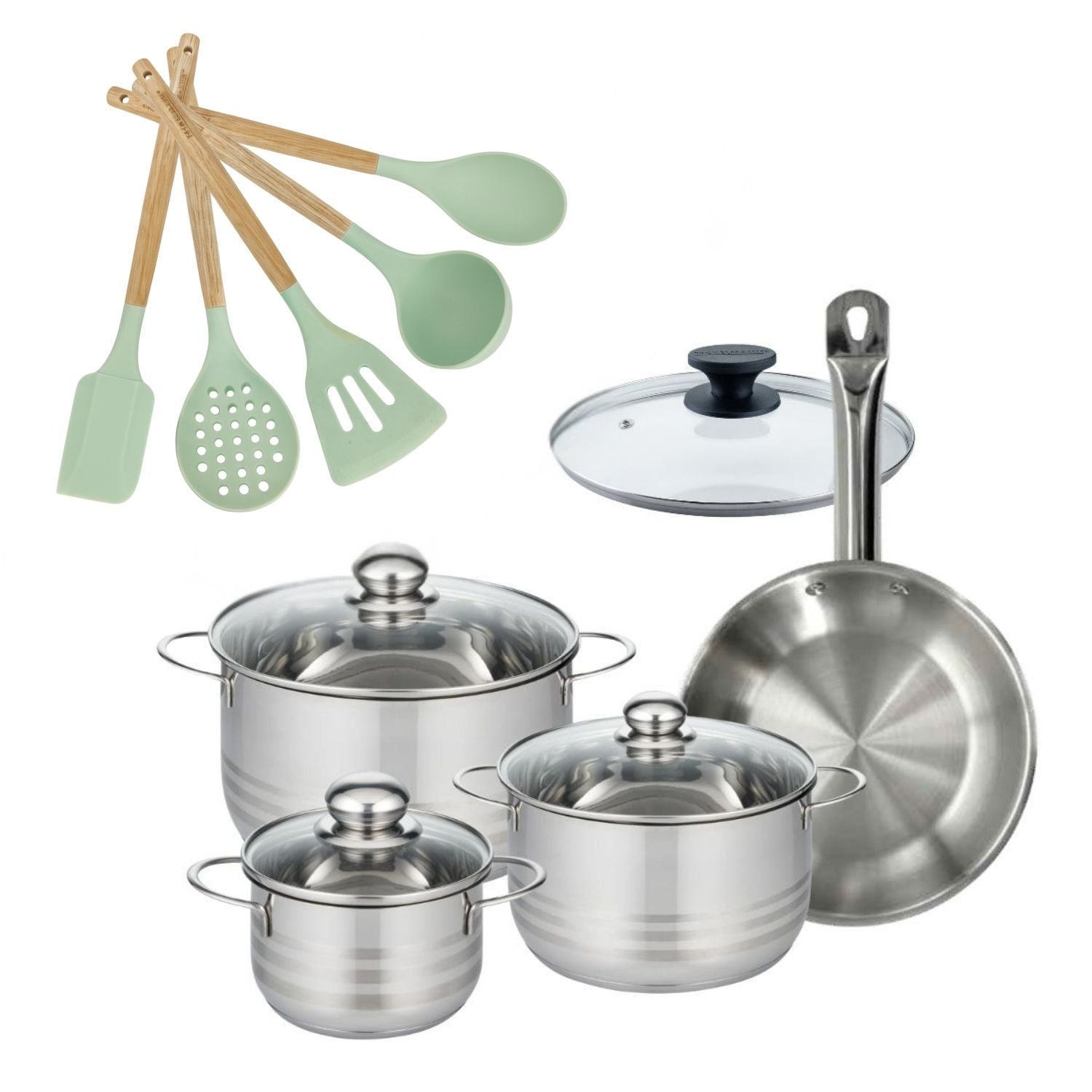 Lot Poêle 24cm et 3 Faitouts 16/20/24cm  Etherna avec 6 ustensiles Fackelmann - Mathon - 1