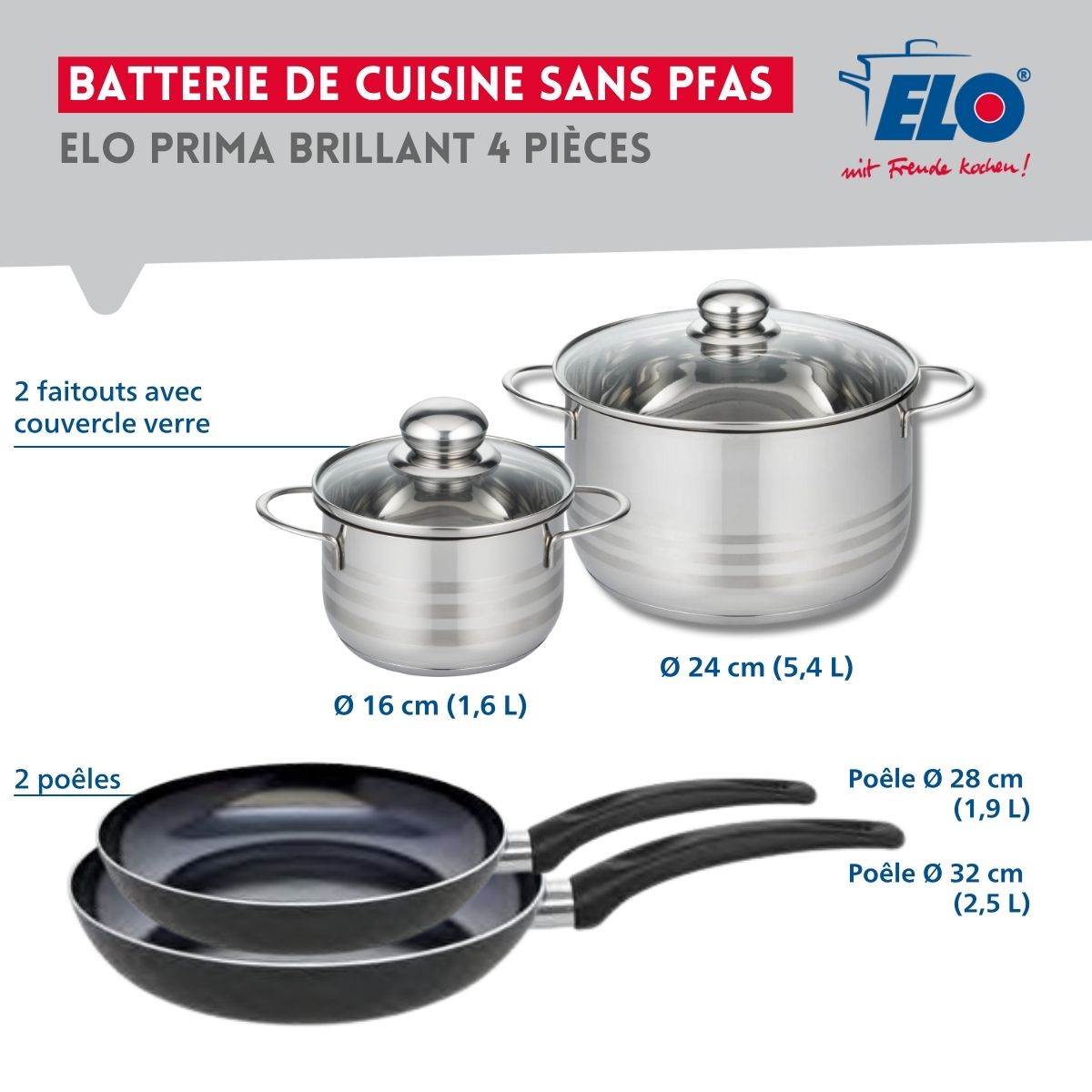 Ensemble de 2 Poêles de cuisson 28 et 32 cm et 2 faitouts 16 et 24 cm  Prima Brillant Elo - Mathon - 2