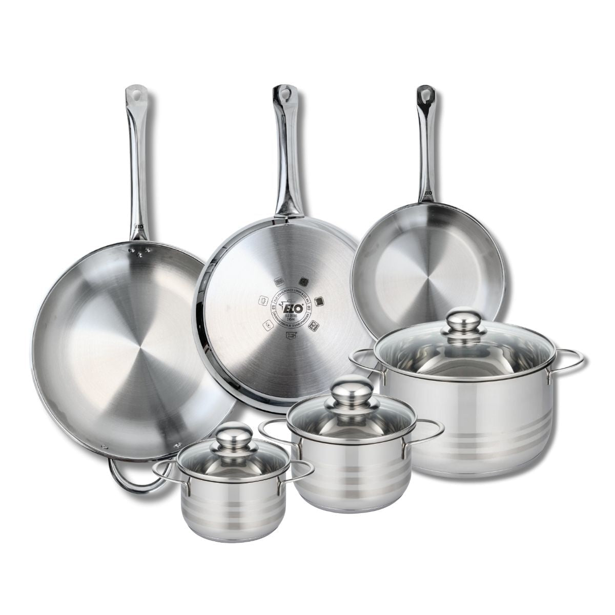 Ensemble de 3 Poêles de cuisson 24, 28 et 32 cm et 3 faitouts 14, 16 et 24 cm  Profi Brillant Elo - Mathon - 1