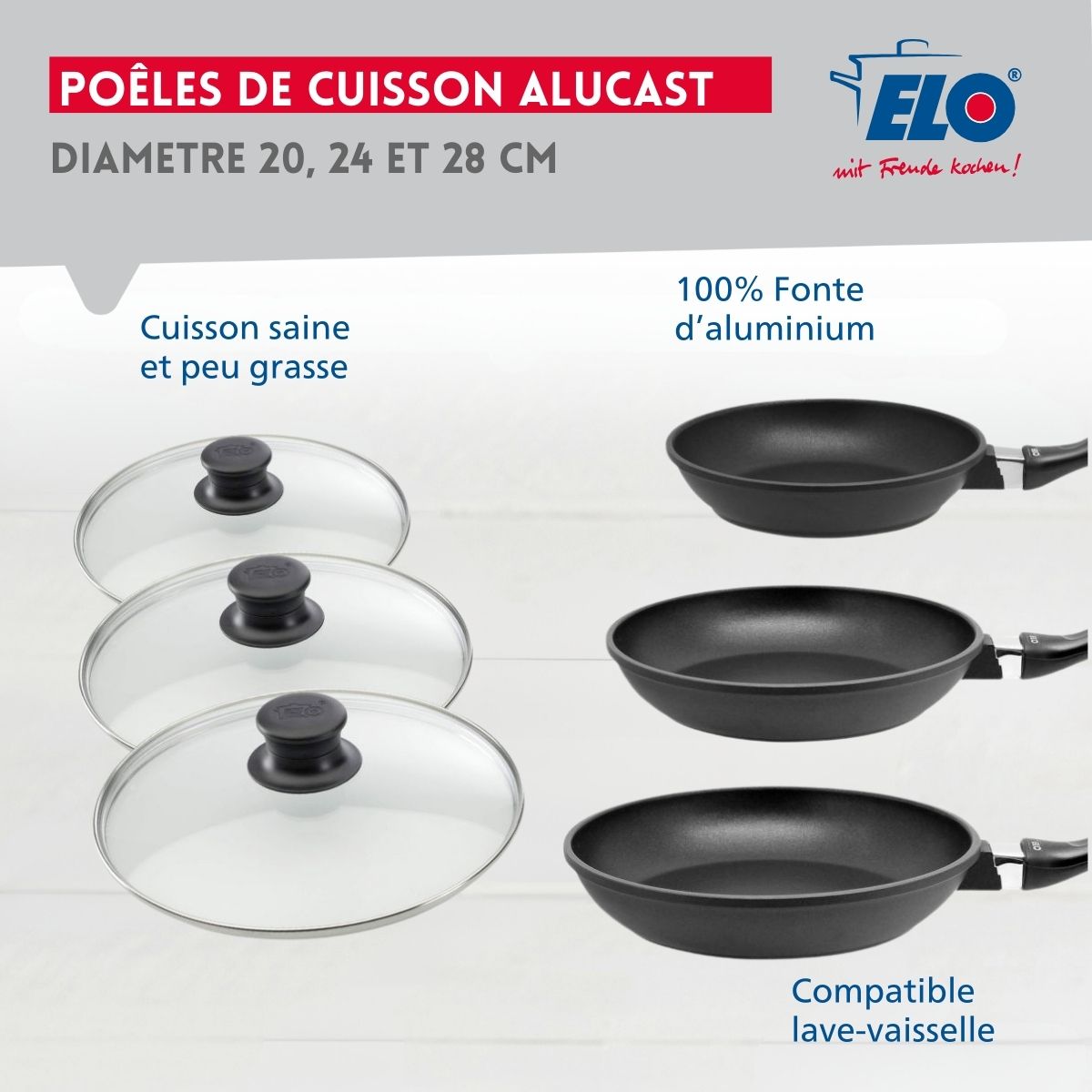 Set de 3 poêles 20, 24 et 28 cm et 3 couvercles sans PFAS  Alucast Elo - Mathon - 3