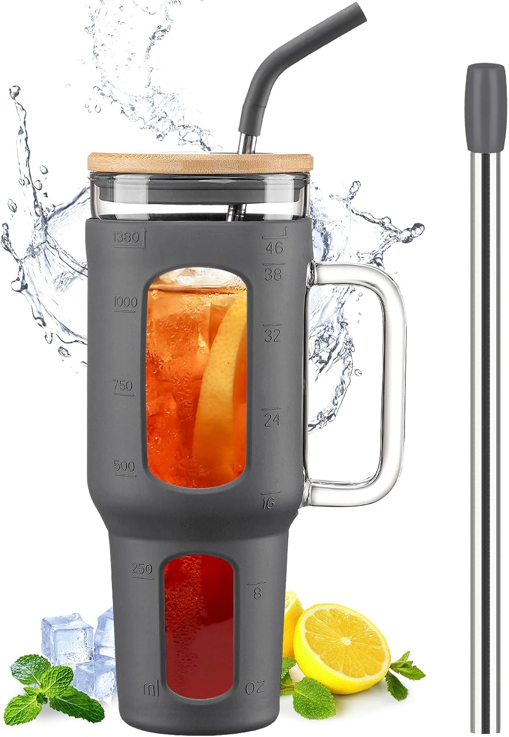 Gobelet 1,4 L avec Poignée, Couvercle Bambou & Pailles gris Vendos85 - Mathon